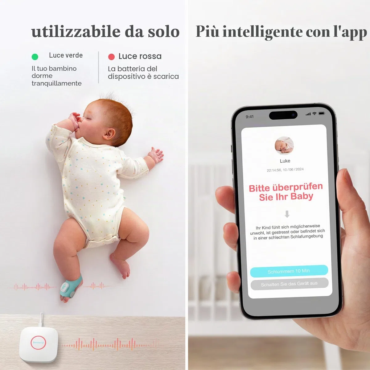 Sense-U Smart Socket (lungo) Baby Monitor con indicatore di sonno e notifiche, monitora la frequenza cardiaca e il movimento per la tranquillità, il monitor del piede