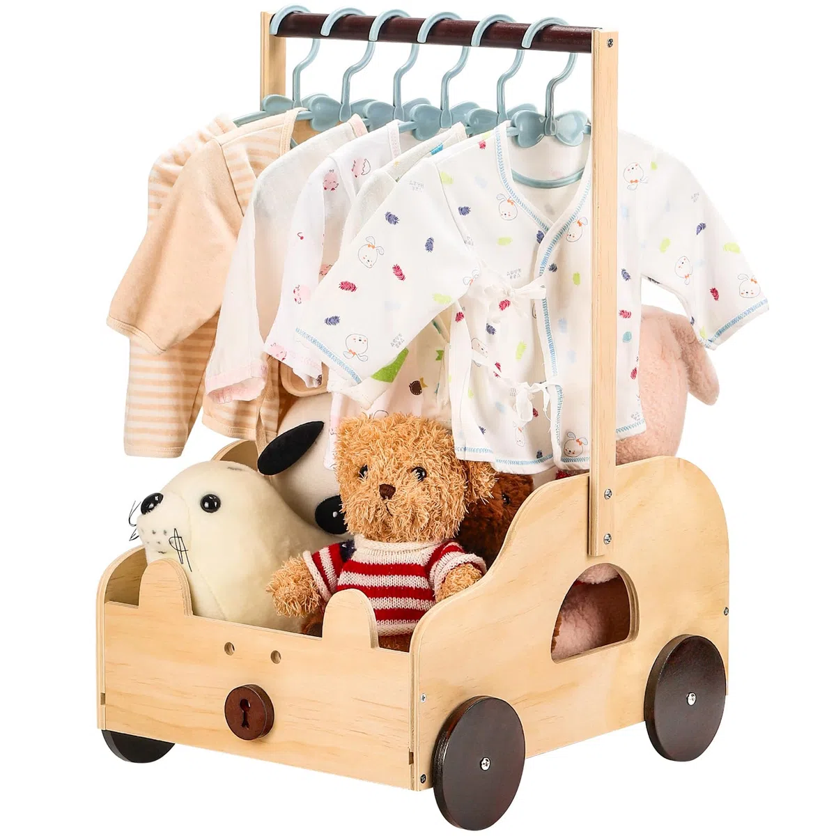 ONUEMP Cestino per bambini in legno con motivo orso, contenitore con ruote e maniglia, 40 x 30 x 58 cm, scatola regalo personalizzabile, per baby shower, legno naturale