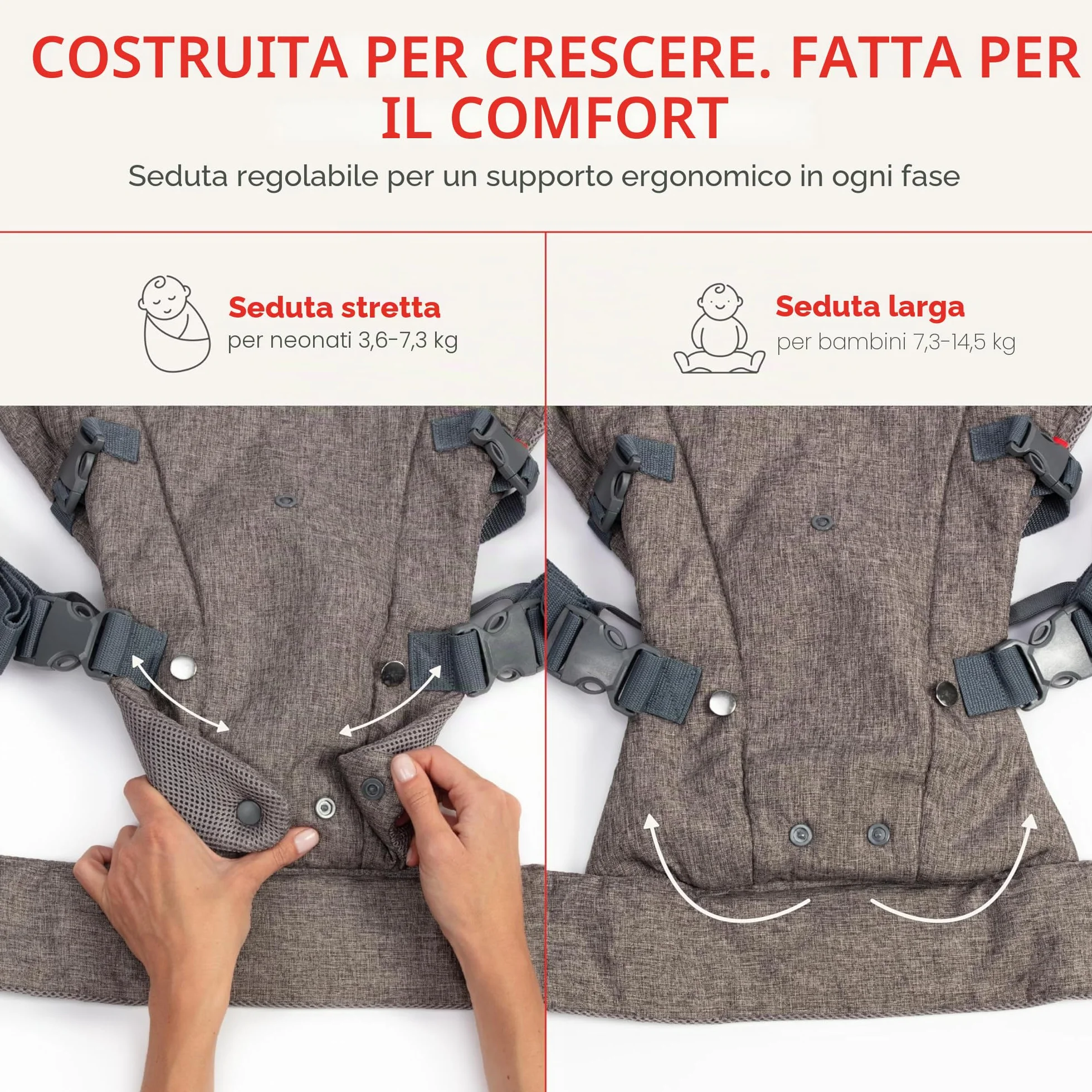 YOU+ME Marsupio neonato 0-36 Mesi (3,2–15 kg) - Marsupio bambino, Tutte le posizioni, ergonomico, regolabile e traspirante con pannelli in rete 3D e bavaglino 2-in-1 (Grigio)