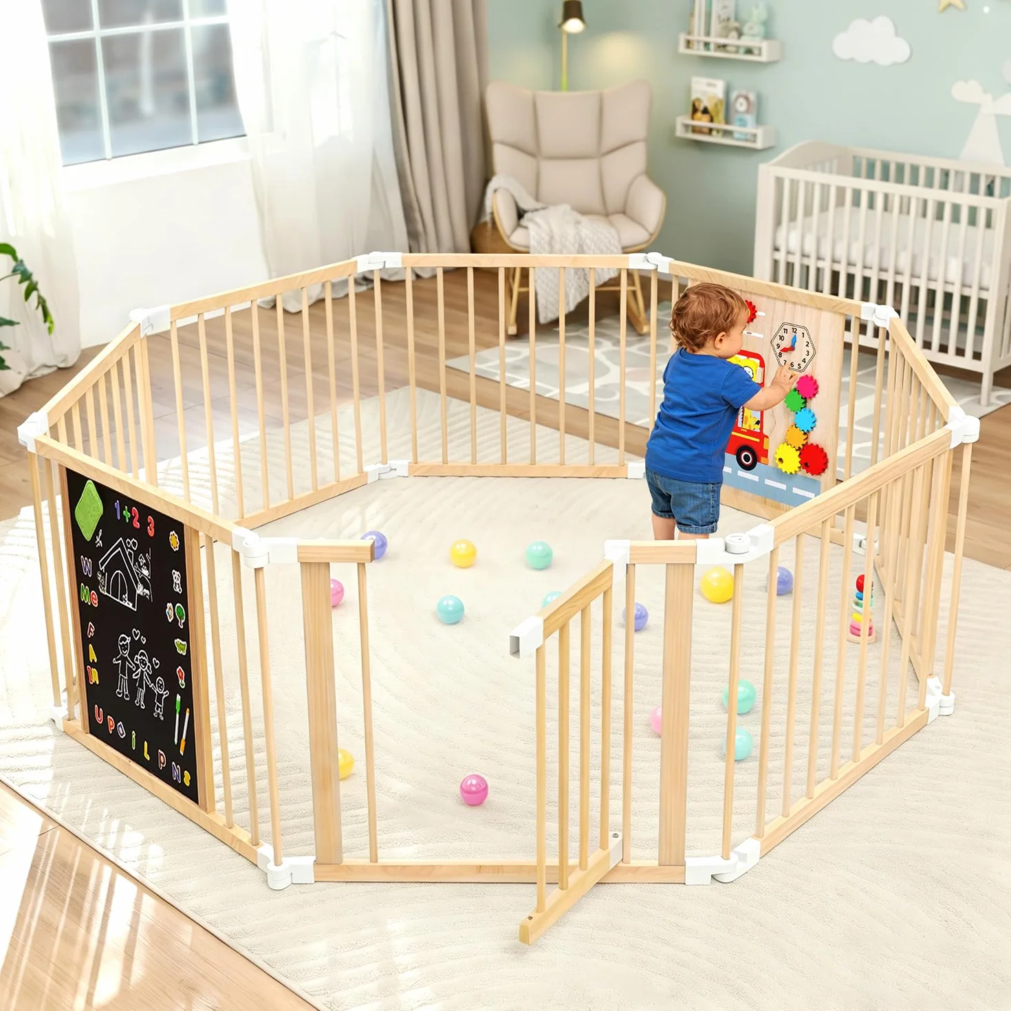 Box Bambini in Legno, Grande Recinto per Bambini Pieghevole con Porta, Regolabile Dimensioni&Forma, Portatile, Lavagna, Montessori Tavola dei Giocattoli, Sicurezza Centro Attività Espandibile