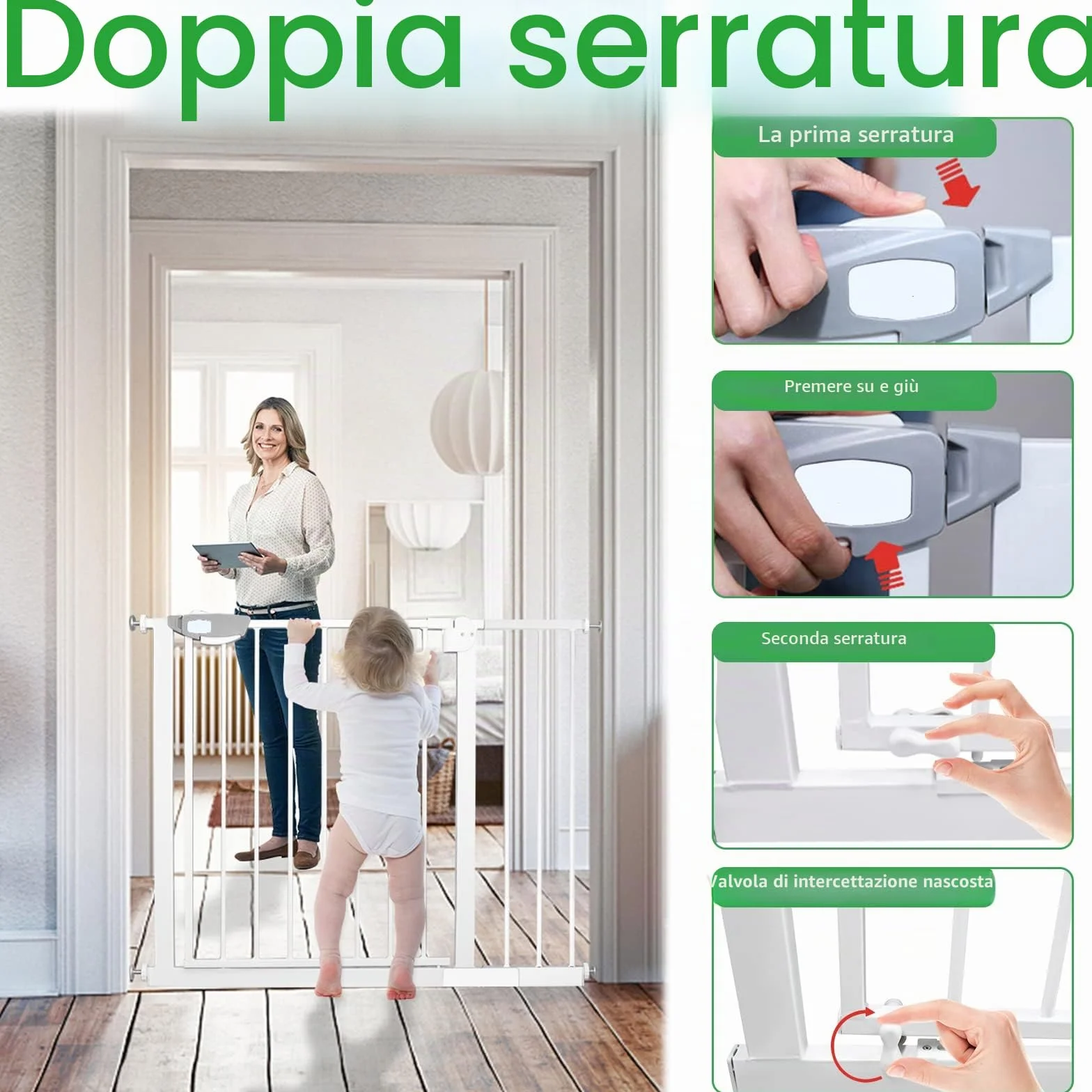 Cancelletto di Sicurezza per Bambini e Animali, Barriera Protezione Porta per Cani, Senza Trapano, Bianco 105-115cm