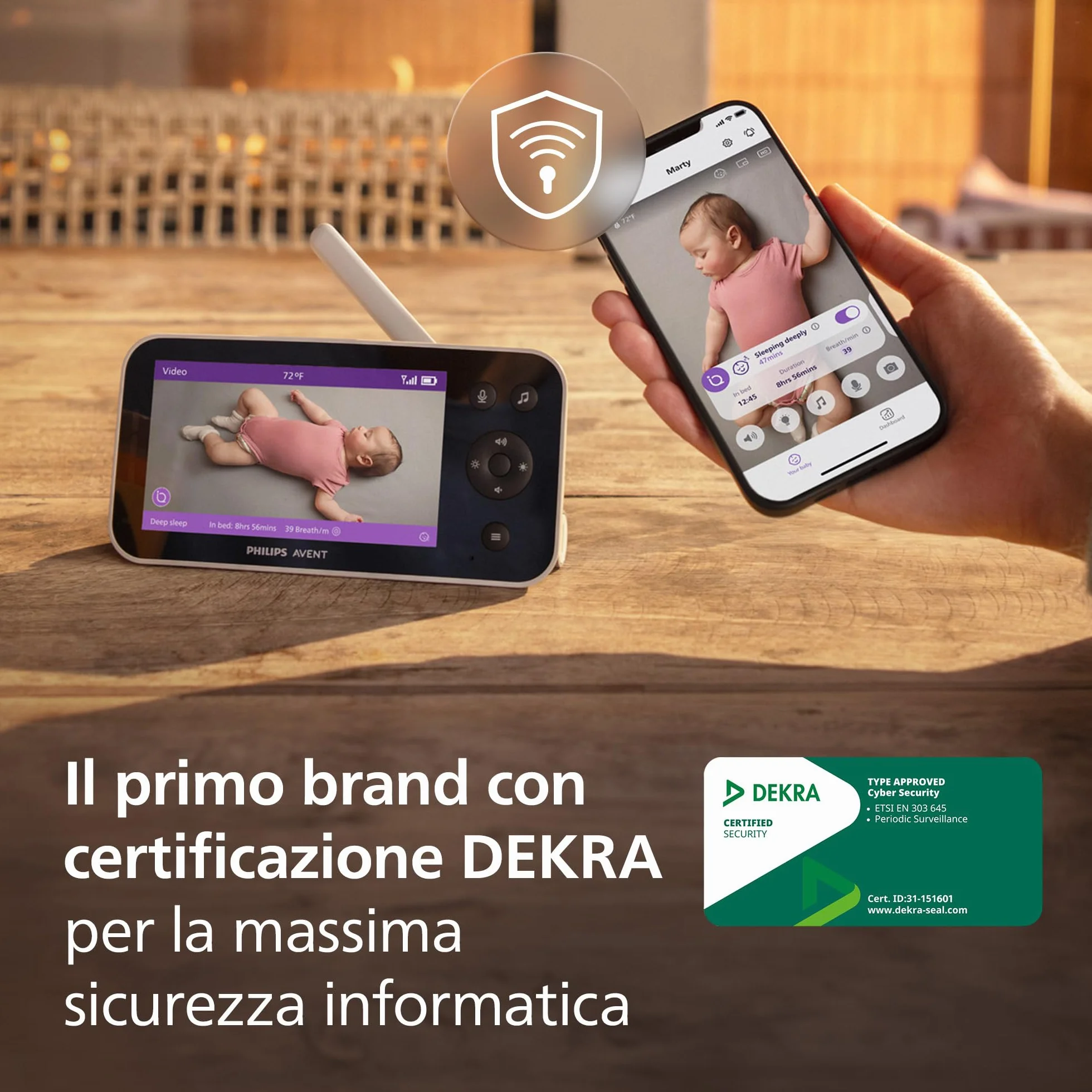 PHILIPS Avent Baby Monitor SCD974/26 HD 1080p videocamera con IA sonno respirazione pianto DEKRA sicurezza