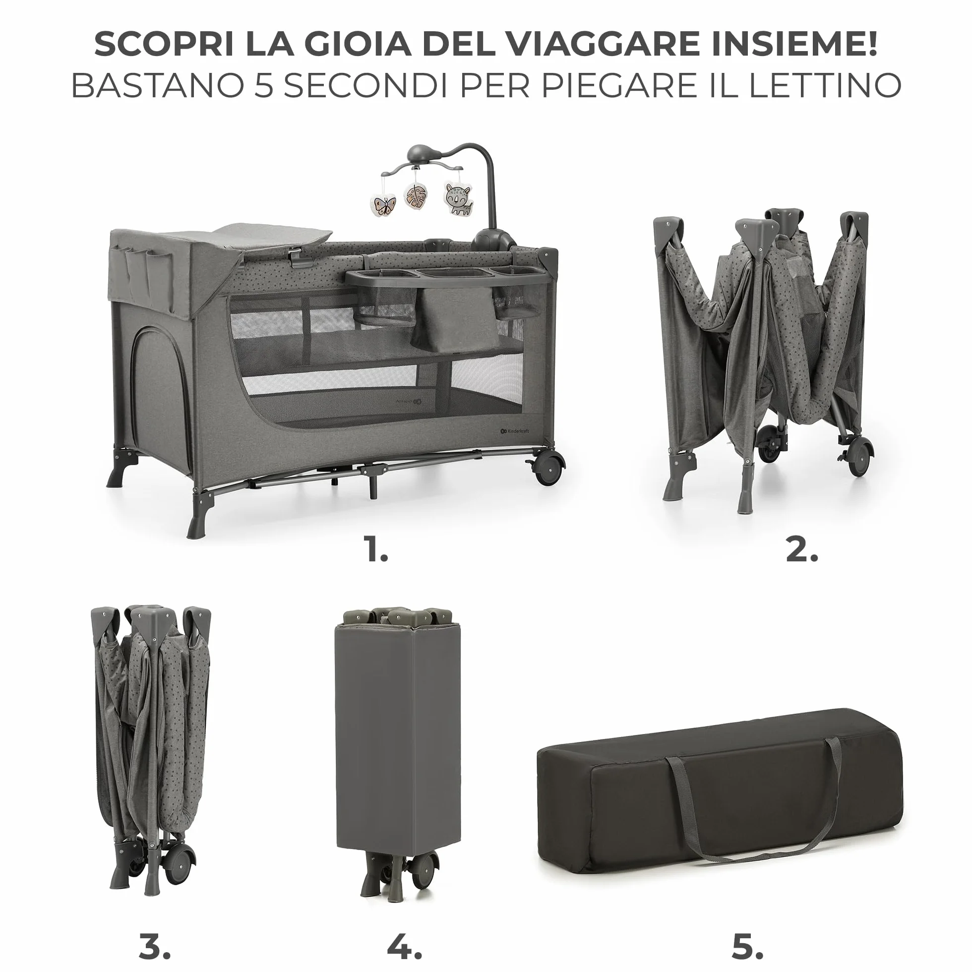 Kinderkraft JOY 2 ACC, 3 in 1 Travel Crib, Baby Travel Cot, Foldable, Grey