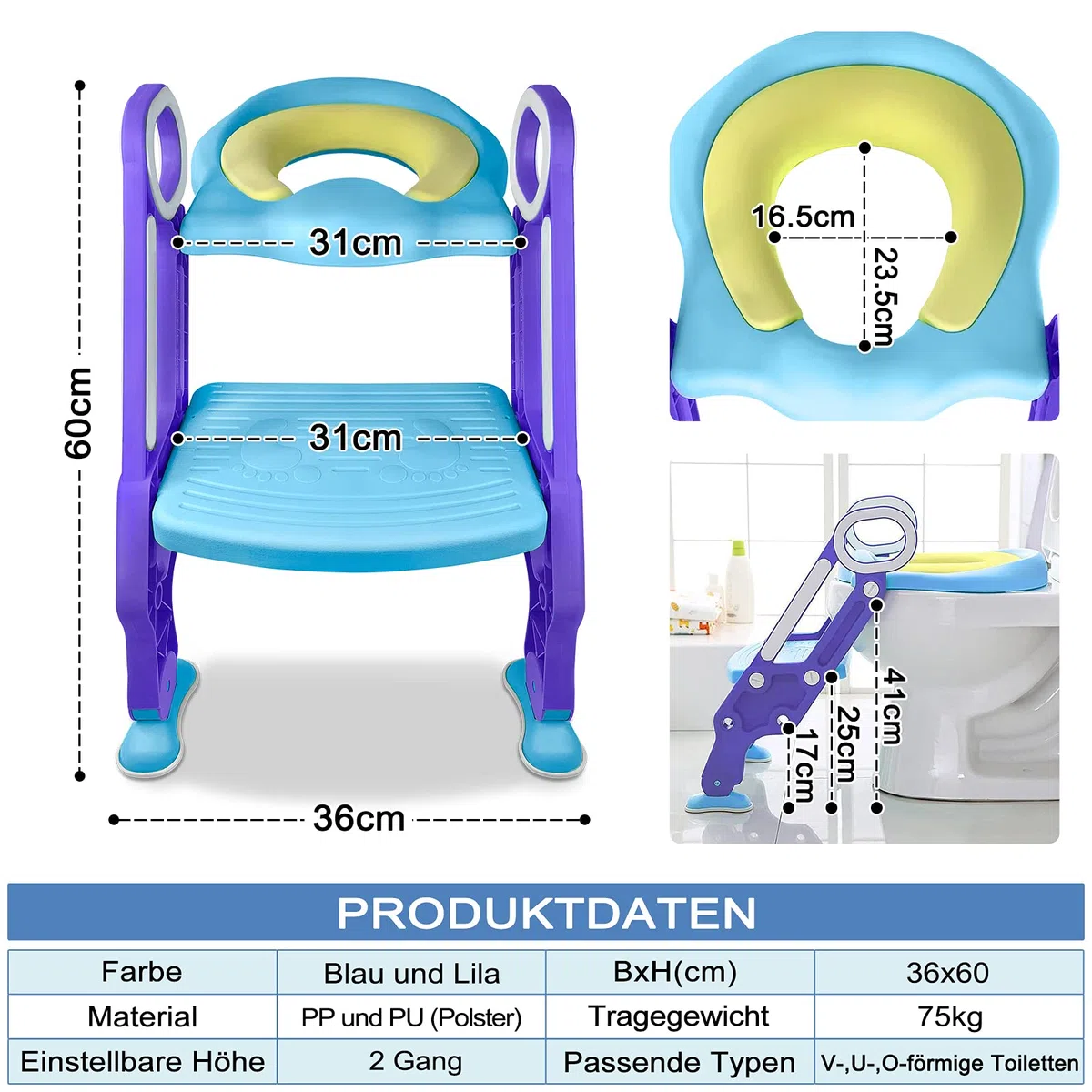 ACXIN Sedile WC per bambini con scale, vasino pieghevole, addestratore per WC regolabile con cuscino in poliuretano e maniglia, vasino per bambini, blu e viola