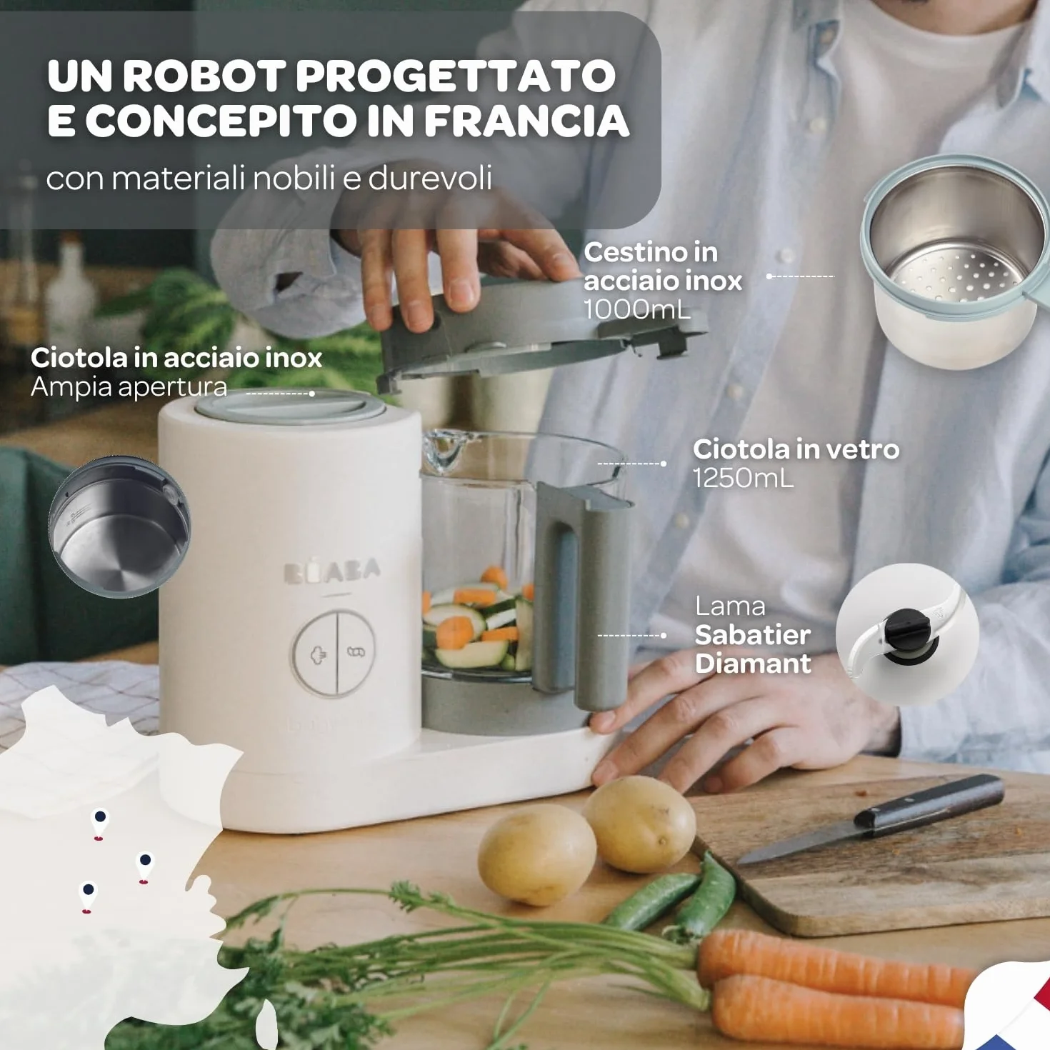 BÉABA Babycook Néo Cuocipappa Omogeneizzatore 6 in 1 Cottura a Vapore Delicata Bicchiere Vetro Acciaio Inox Bianco