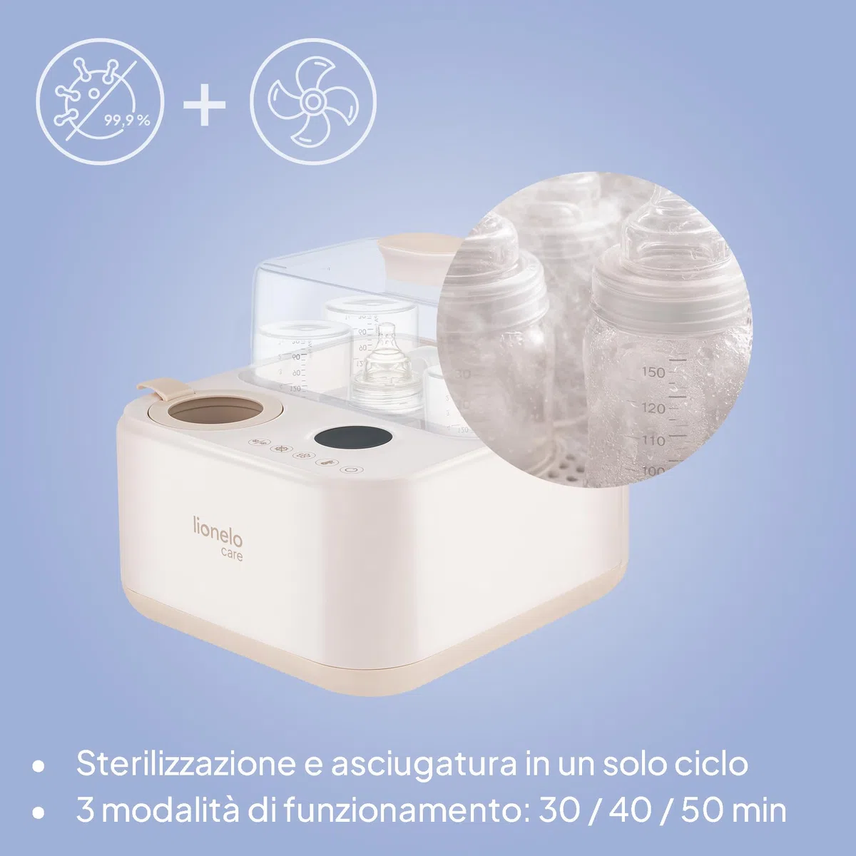 Lionelo STEAMUP Sterilizzatore Biberon 3 in 1 Elettrico, Sterilizzatore a Vapore con Asciugatura Automatica e Scaldabiberon, 99,99% Batteri, Pannello Touch, Auto Spegnimento, BPA Free, per 4 Biberon
