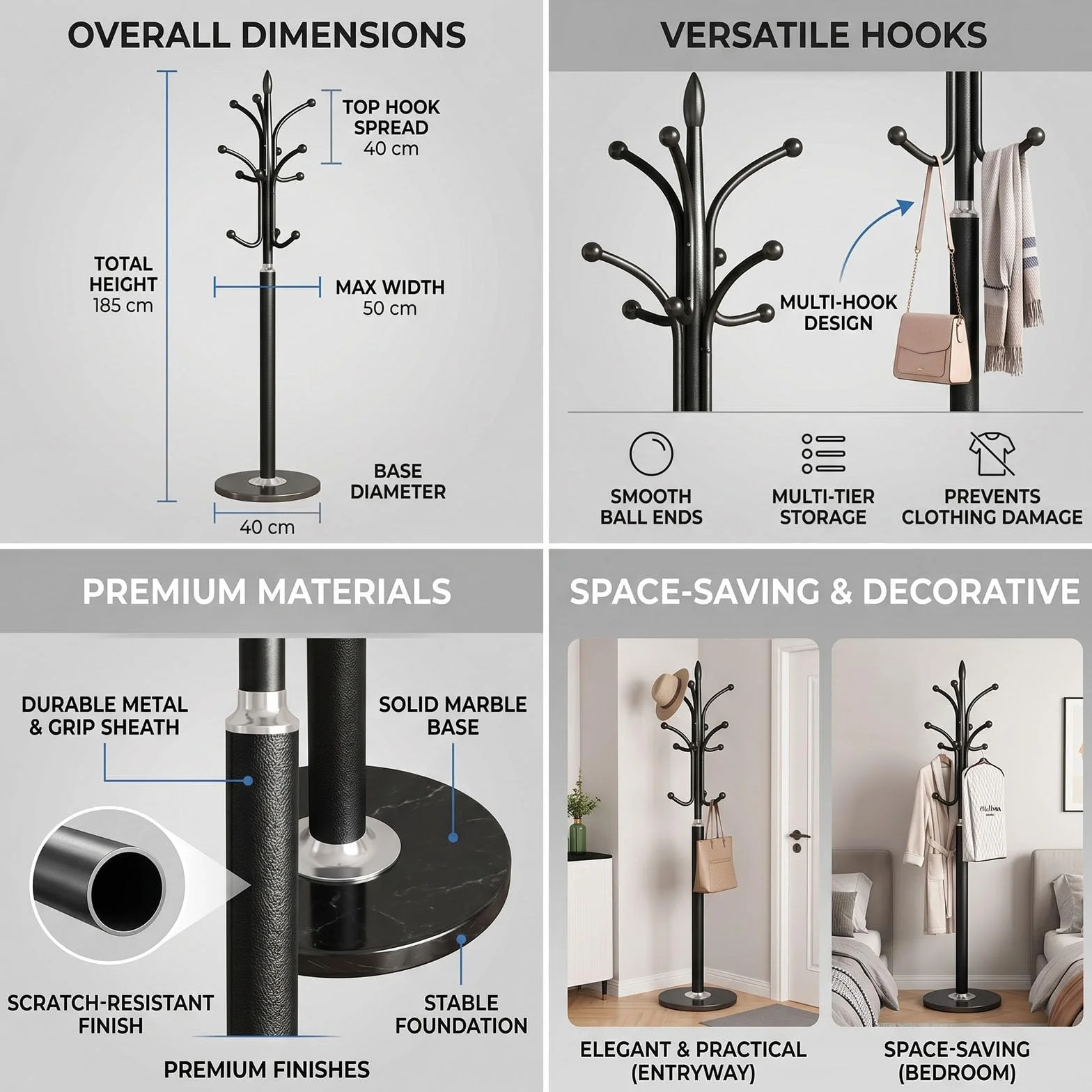 Appendiabiti da Terra Metallo Design Albero Base in Marmo 6 Ganci Stabile