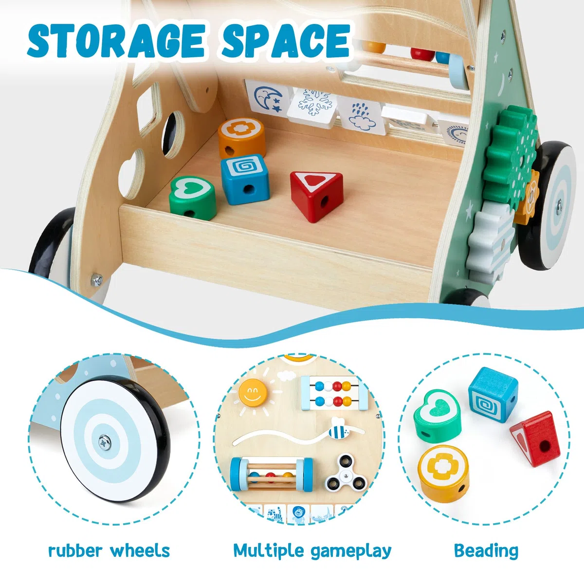 Girello in legno, 10 in 1 Baby Activity Center Push Walker regolabile, giocattolo per bambino, ragazzi (BW001)