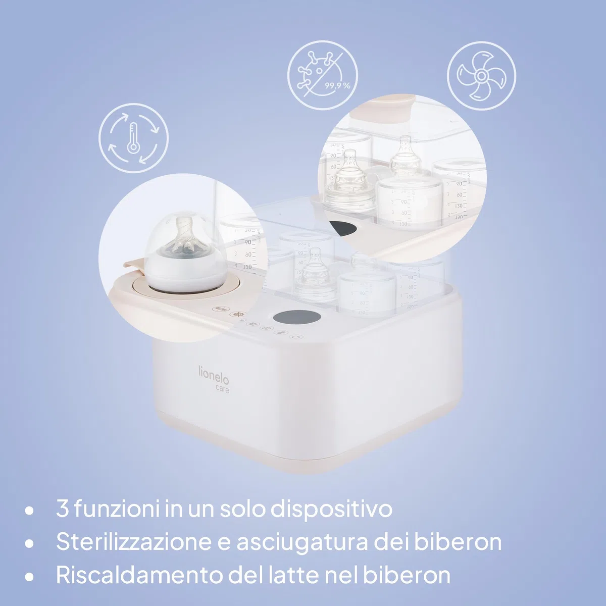 Lionelo STEAMUP Sterilizzatore Biberon 3 in 1 Elettrico, Sterilizzatore a Vapore con Asciugatura Automatica e Scaldabiberon, 99,99% Batteri, Pannello Touch, Auto Spegnimento, BPA Free, per 4 Biberon