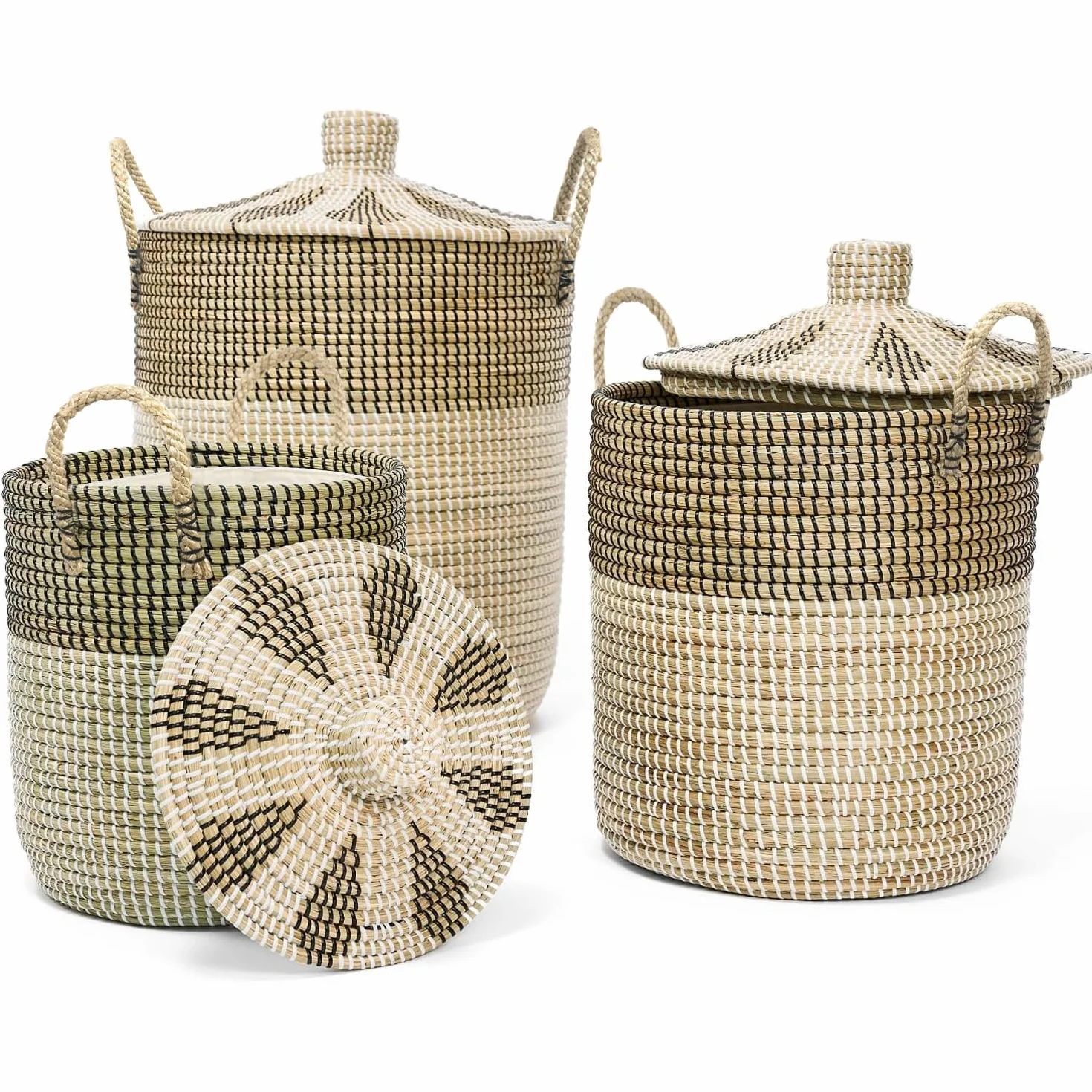 3 Set di cesti per biancheria intrecciati con coperchio, di varie dimensioni 76L+43L+26L, cesto con tasche e manici, cesti portaoggetti in zostera realizzati a mano, per biancheria o coperte in bagno