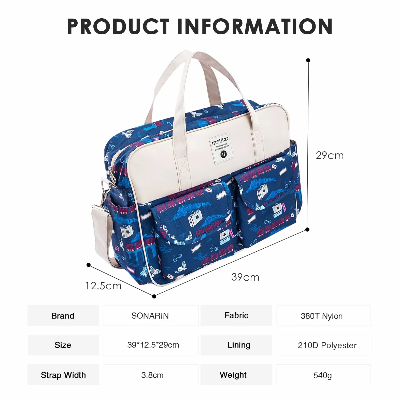 SONARIN Borsa per pannolini Grande capacità Neonato Multifunzione Viaggio con Cinghie e Fasciatoio