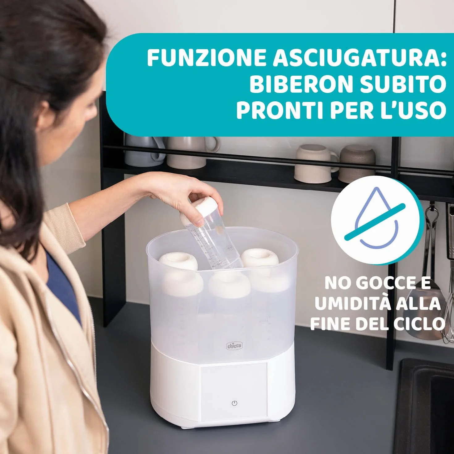 Chicco Sterilizzatore Biberon con Asciugatura, 2 Configurazioni, Fino a 6 Biberon 330 ml, Bianco
