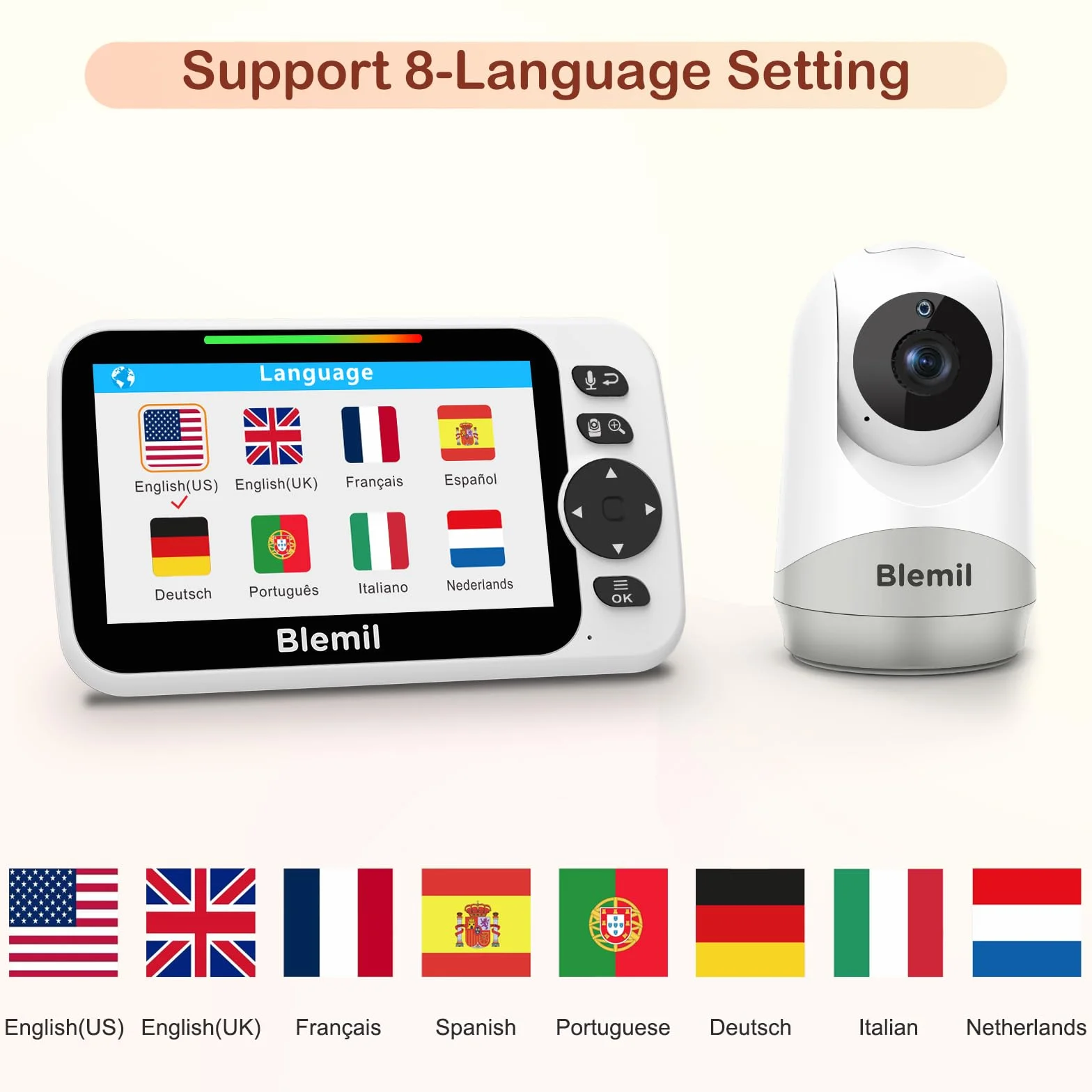 Blemil Babyphone Camera Video Monitor con telecamera e audio con batteria da 30 ore, schermo diviso da 5", telecamera con panoramica/inclinazione/zoom remoto
