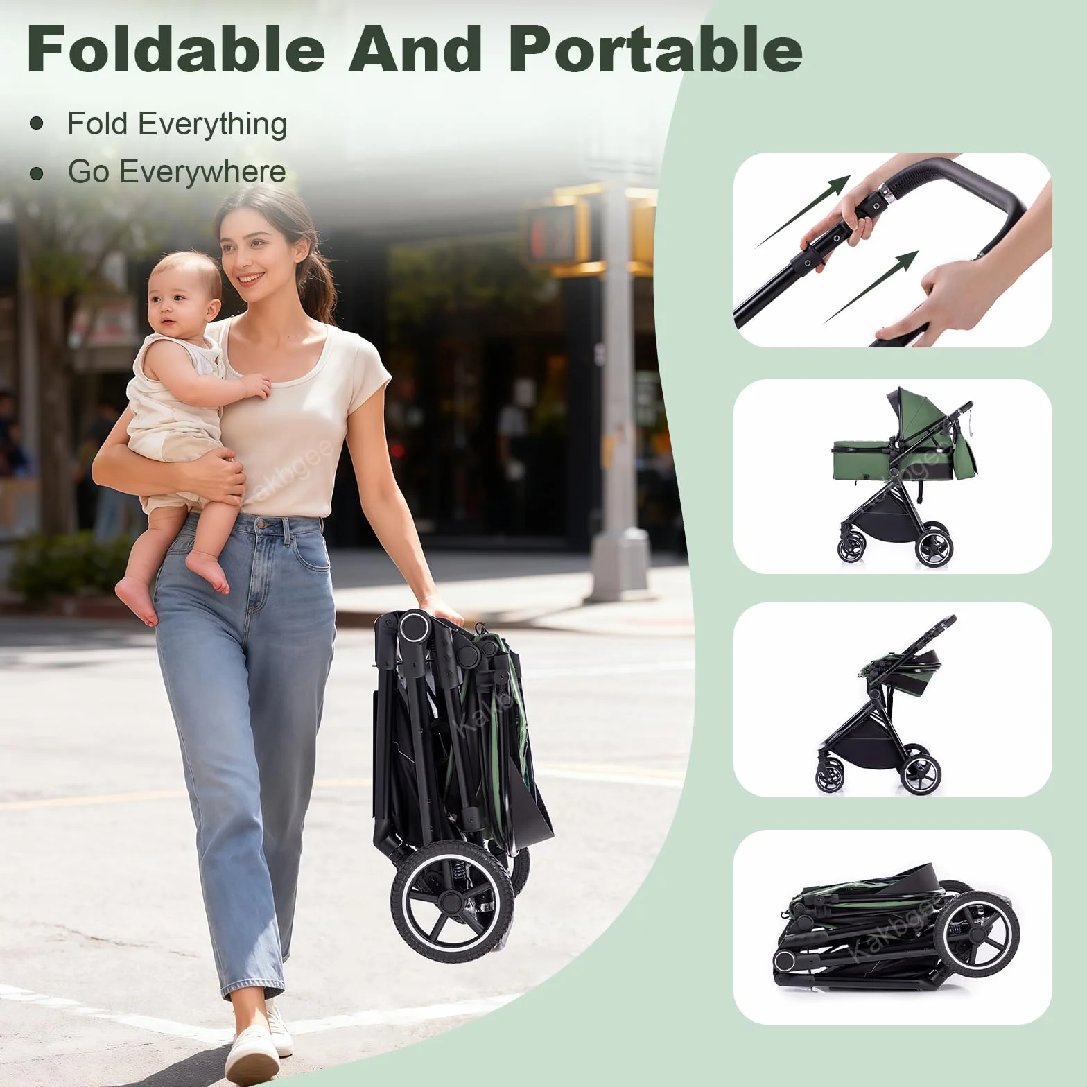 Passeggino 3 in 1 con Seggiolino Auto, Carrozzina Pieghevole, Sospensione 4 Ruote, per Neonati 0-3 Anni (15kg), Blu-Verde