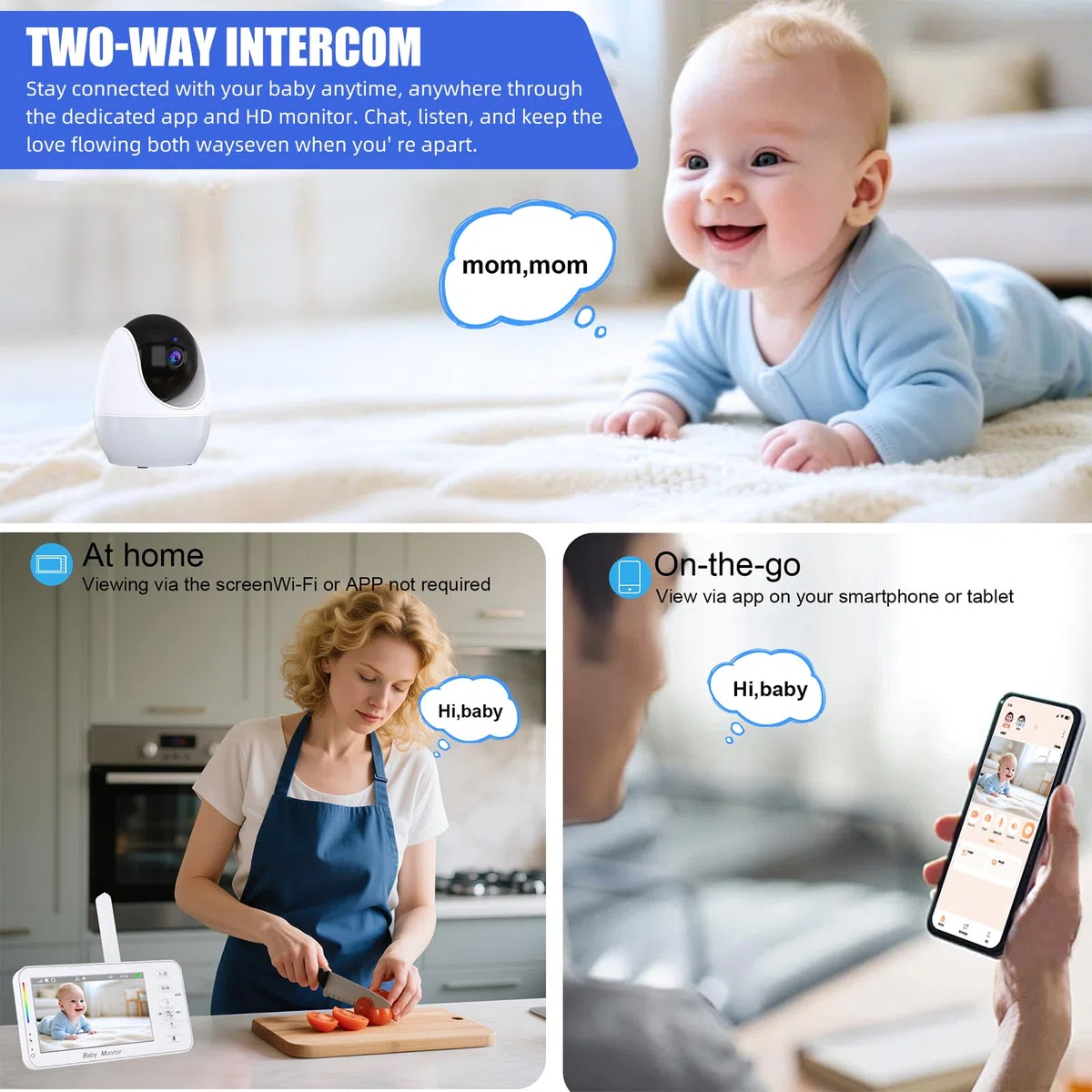 Baby monitor WiFi con fotocamera e audio, baby monitor portatile da 4,3 pollici 1080p HD, luce notturna, visione notturna, sensore di temperatura, portata di 300 m, conversazione a 2 vie, 8