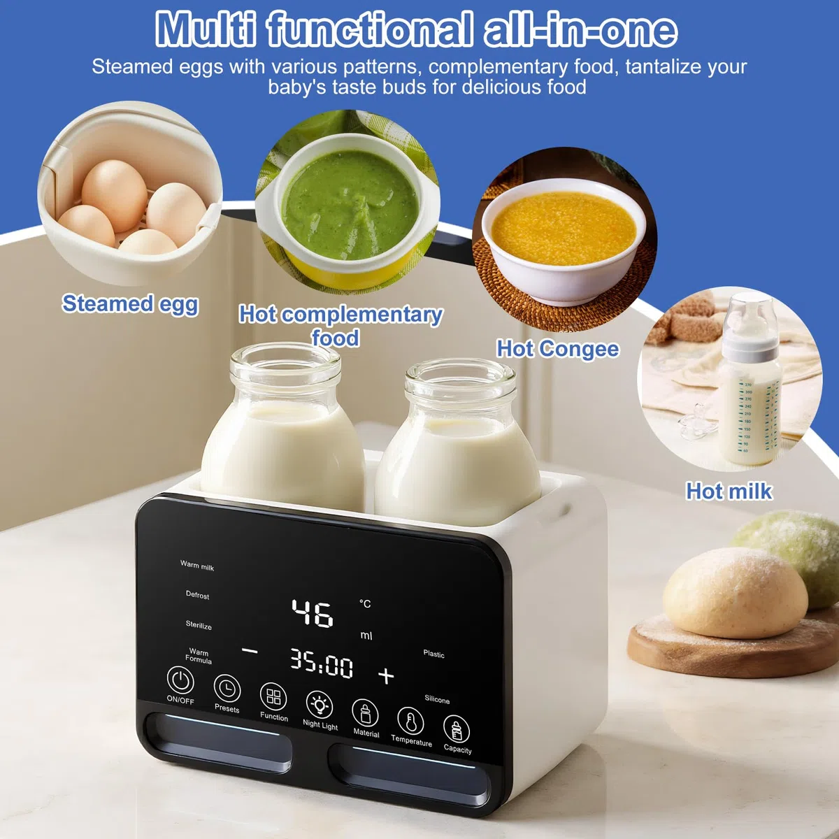 Scaldabiberon e Sterilizzatore 9-in-1, Biberon Sterilizzatore senza BPA, Riscaldamento Rapido del Latte Materno, Scongelare, Scaldabaschette per Bambini con Display LCD, Multifunzione
