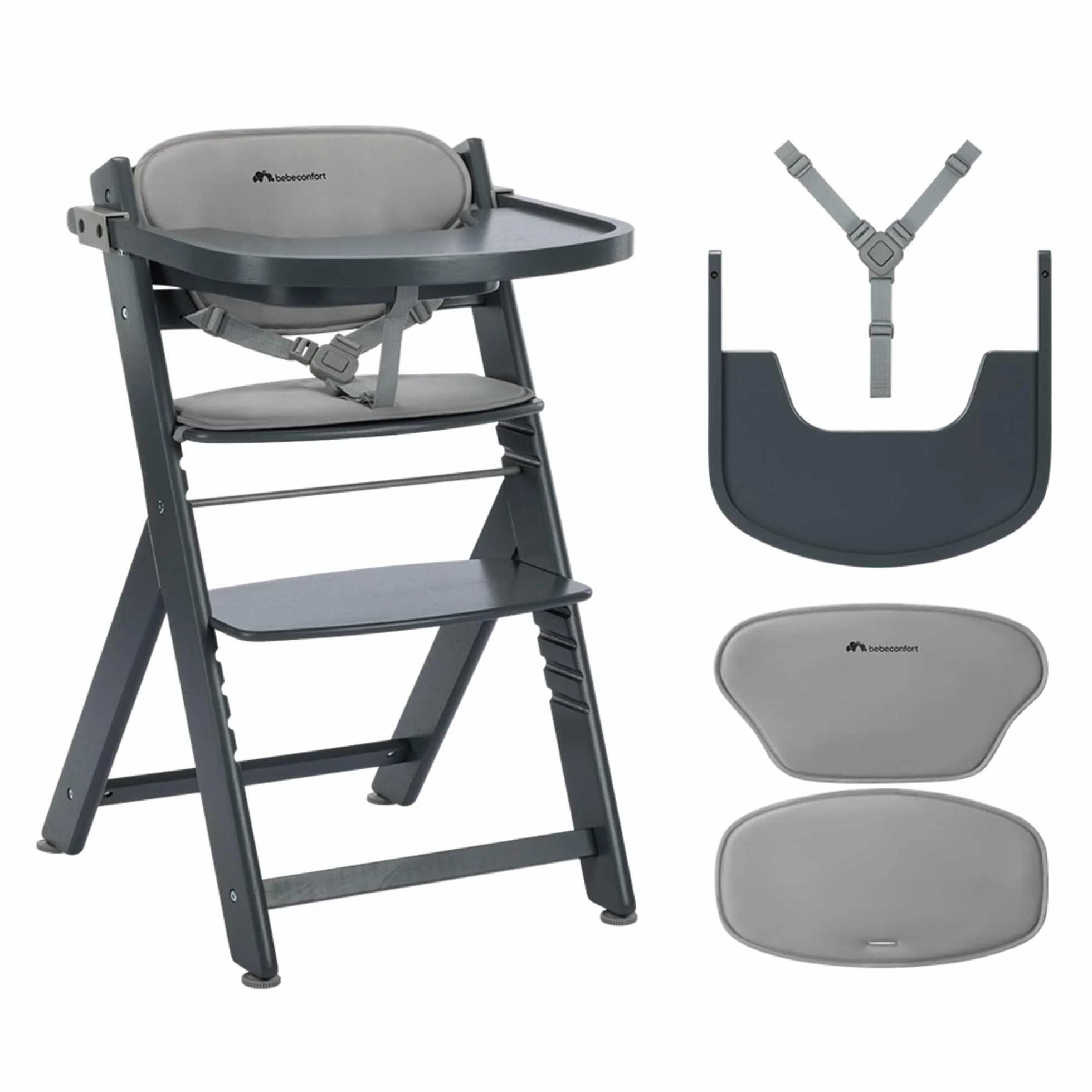 Bebeconfort Timba 2 Seggiolone Pappa Evolutivo in Legno, 6+ Mesi, Fino a 110 kg, Regolabile in Altezza, Grey Mist