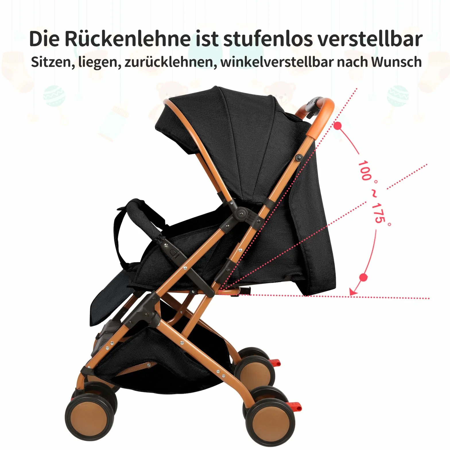 Homewell Passeggino Pieghevole per Bambini 0-6 Anni, Sdraiati Piatti, Pieghevole Una Mano, Cintura Sicurezza, Tettuccio Parasole (Nero)
