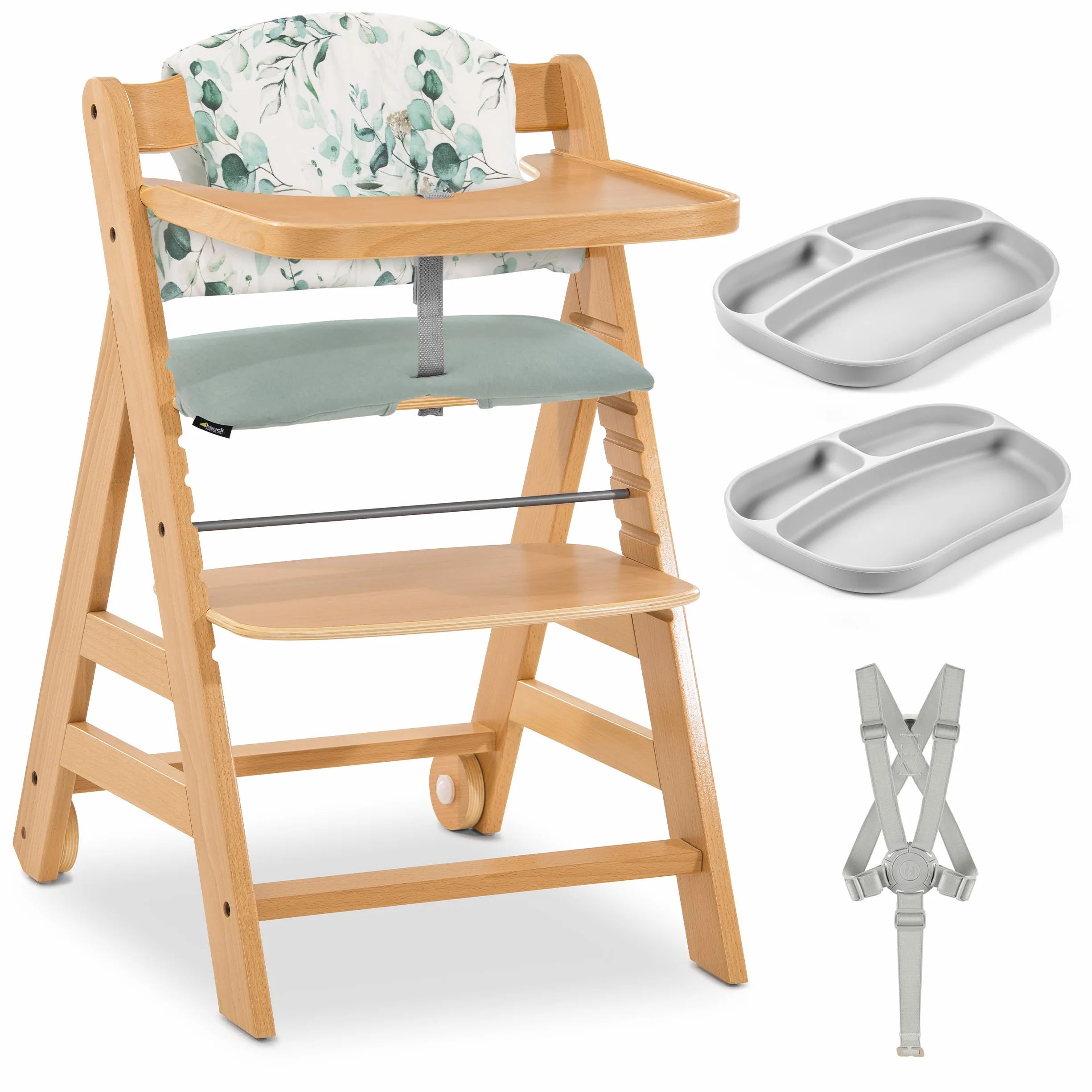 hauck Seggiolone Set Alpha+ Move - Sedia Evolutiva Legno con Ruote, Vassoio e Cuscino - 2 Piatti in Silicone - Legno/Mint