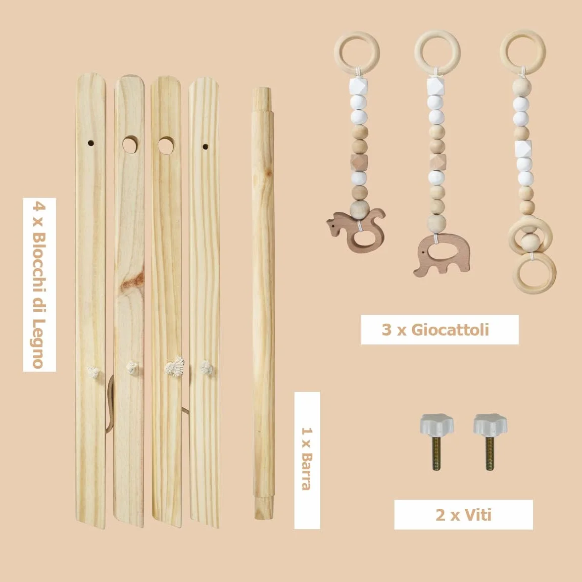 Palestrina Neonato Legno Montessori RELAX4LIFE con 3 Catene Diverse Rimovibili Baby Gym Multifunzione