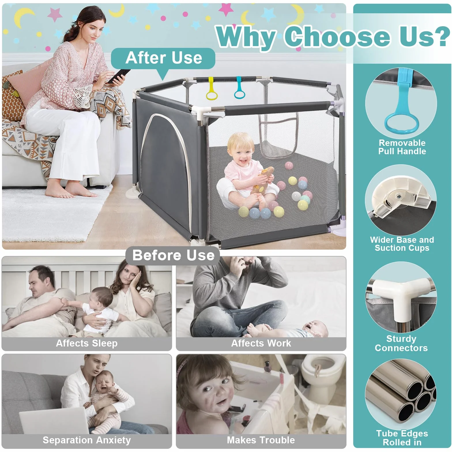CHOLY Box esagonale per neonati con rete traspirante, recinzione attività bambini, borsa viaggio grigio scuro
