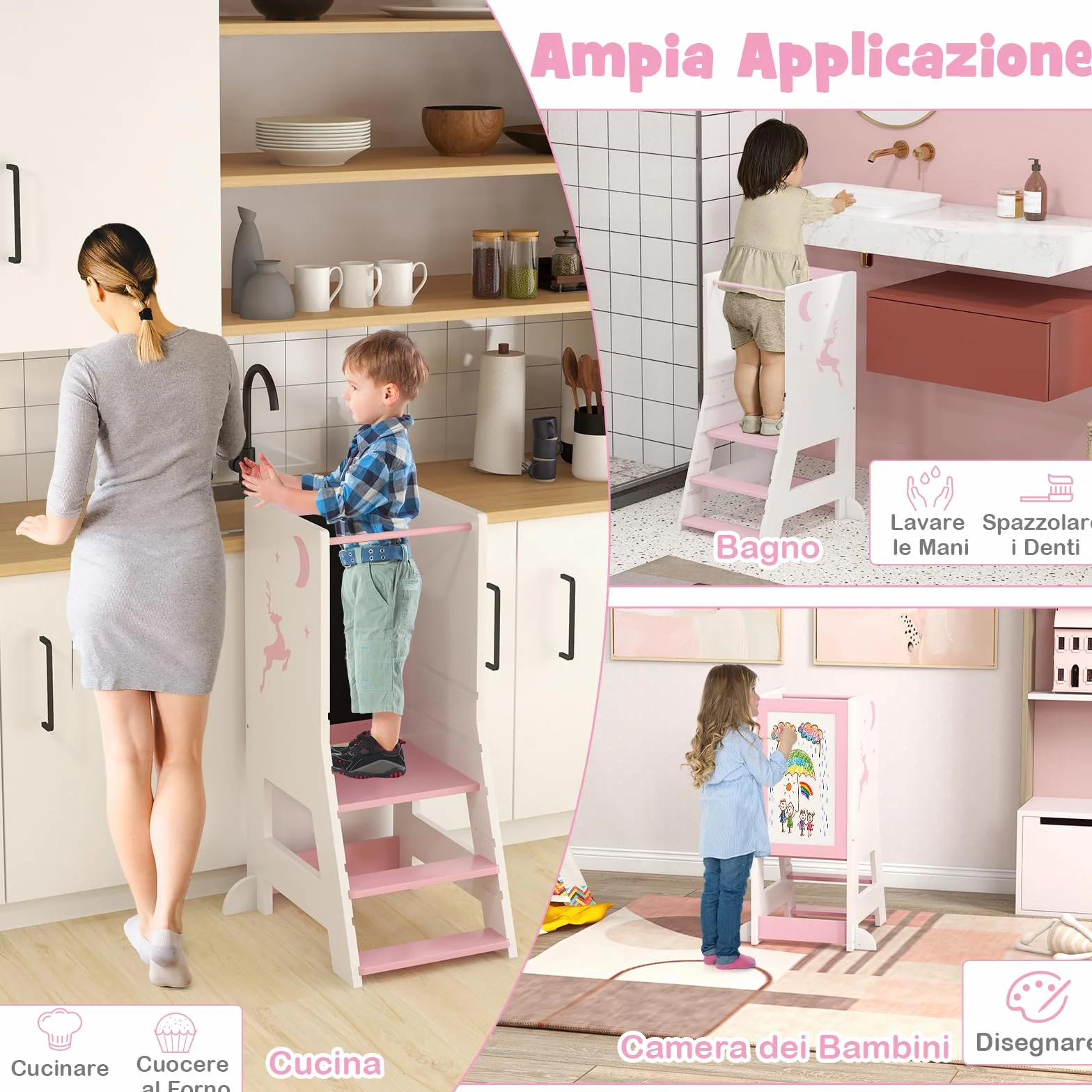 RELAX4LIFE Torre Montessoriana 3 in 1 per Bambini, Torre di Apprendimento Altezza Regolabile con Lavagna Bifacciale e Piedini Antiribaltamento, Rosa