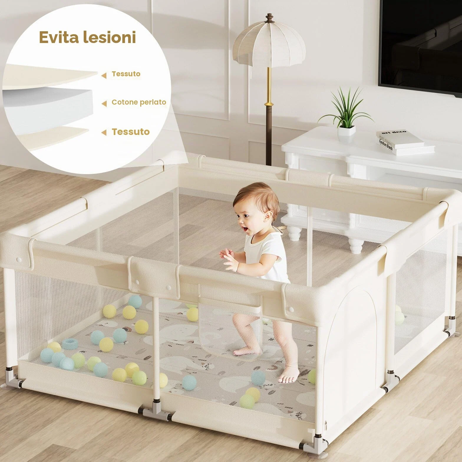 Box Bambini 120x120cm Beige Recinto Neonato con Rete Traspirante e Ventose