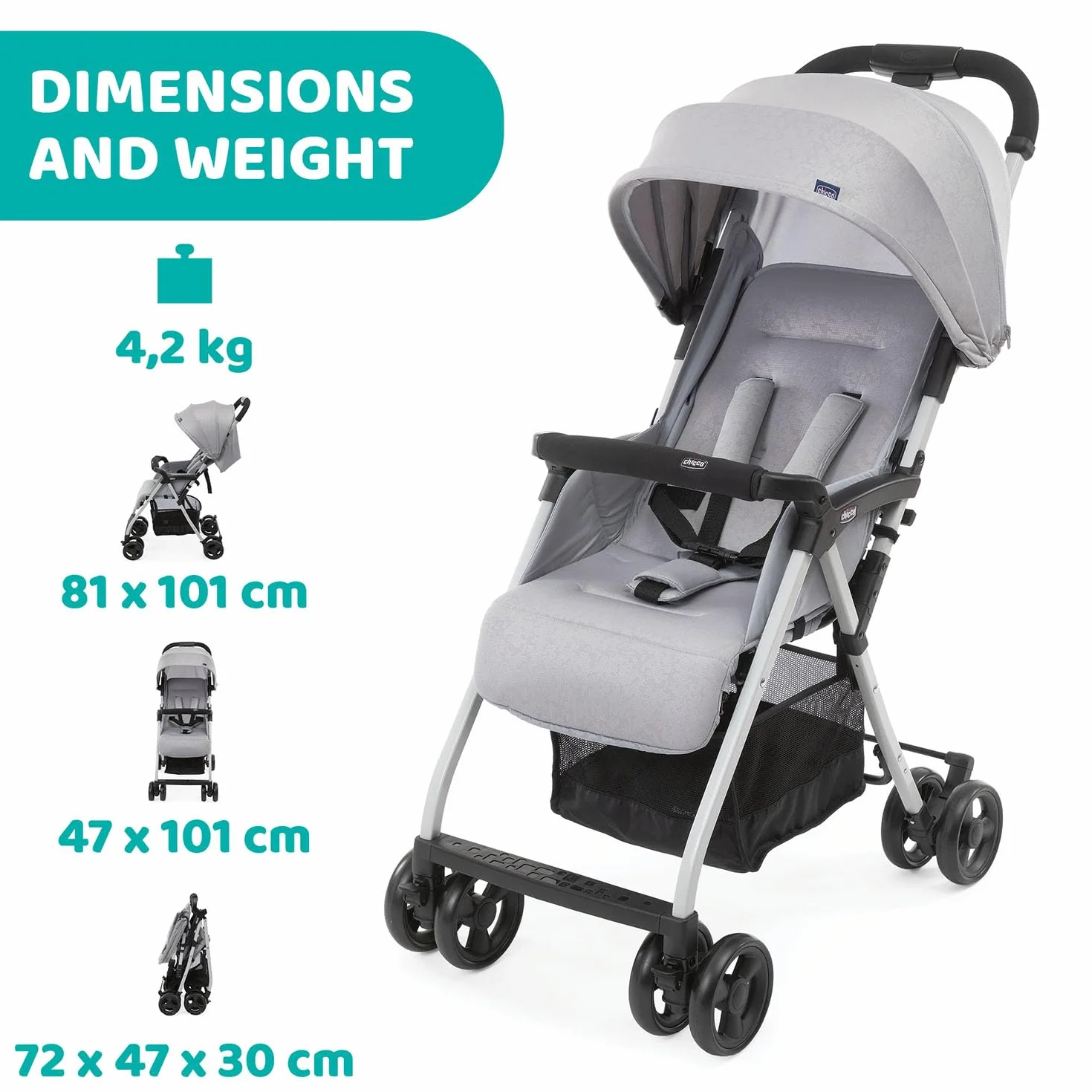 Chicco OHlalà 3 Passeggino Ultraleggero 0-15 kg Reclinabile Pieghevole Grigio