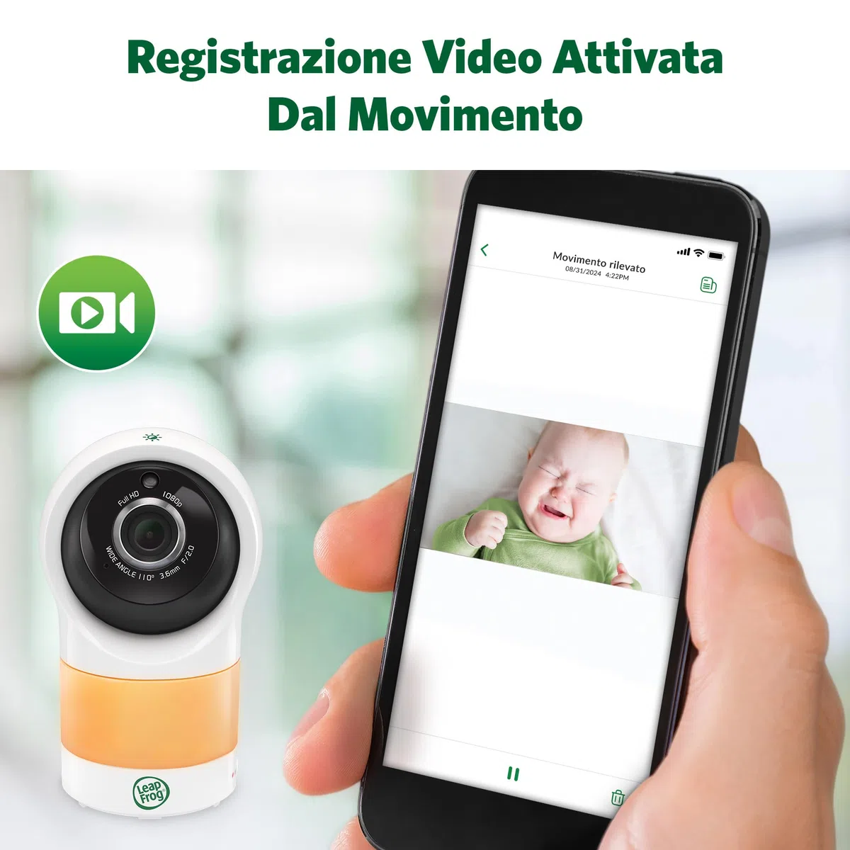 LeapFrog LF1911 Baby Monitor con video in 1080HD,App gratuita con rilevamento del movimento e del rumore,visione notturna a colori,modalità privacy,telecomando dello zoom a inclinazione di rotazione
