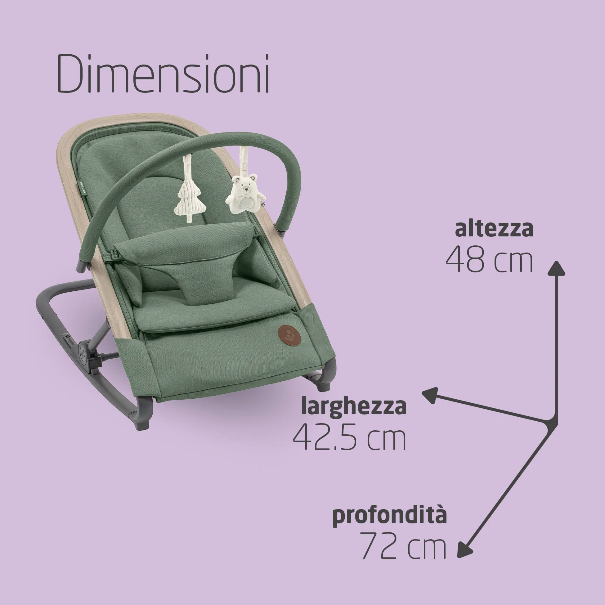 Maxi-Cosi Kori Sdraietta Neonati in Tessuto con Arco Gioco, 0-2 anni, 15 kg, Sdraietta Pieghevole, 3 Posizioni di Reclinabile, Chiusura Compatta, Cinture Easy-in, Chiusura Compatta, Beyond Green