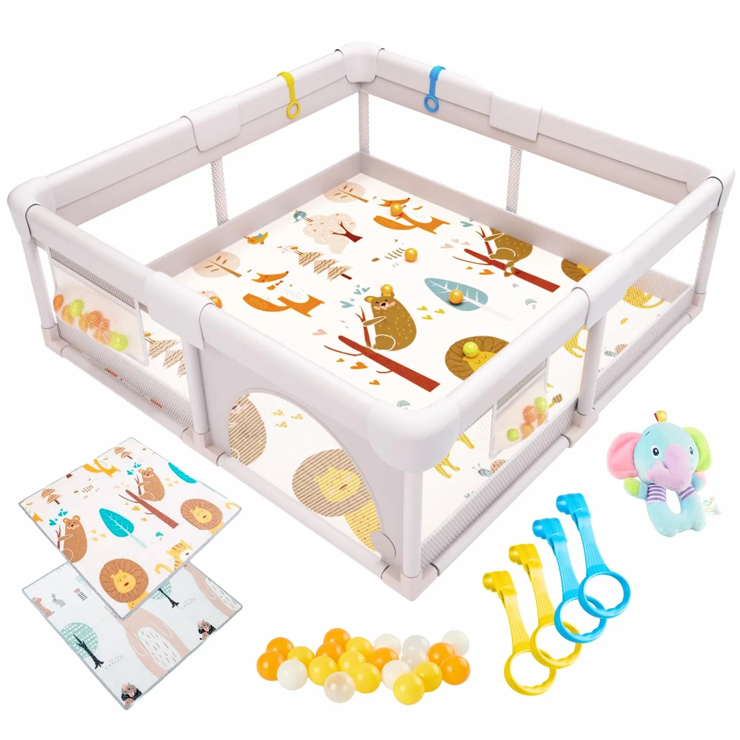 Box Bambini 150x150cm Recinto Gioco Imbottito con Tappetino Reversibile Peluche Sonaglio Sensoriale