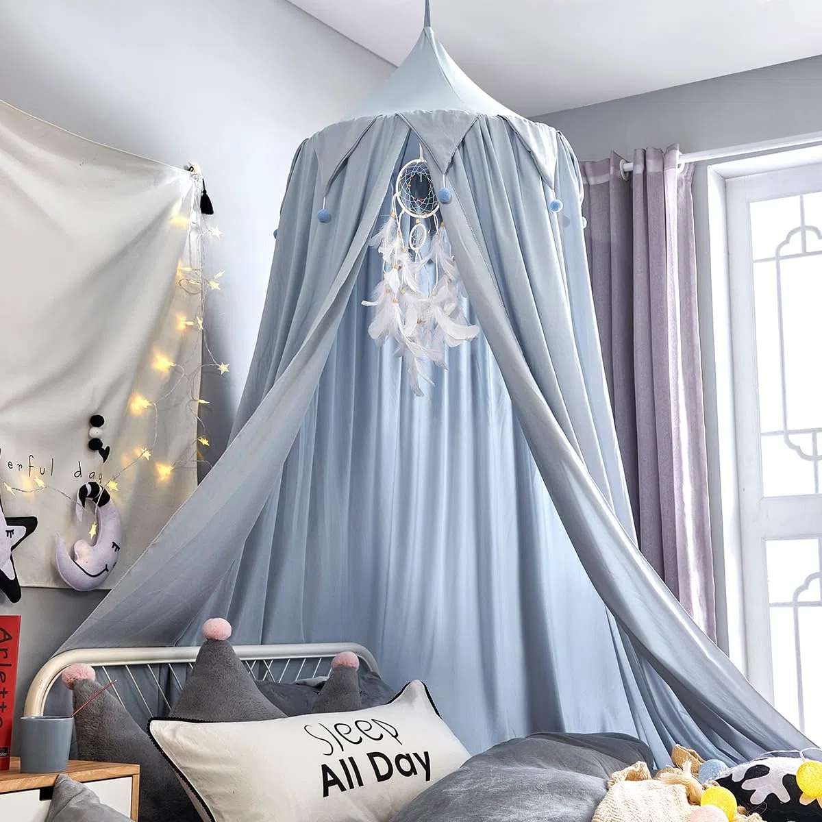 Surwin Baldacchino per Letto Bambina Bambini, Blu Tenda Zanzariera Baldacchino per Lettino Culla Neonato | Cupola Rotonda per Camera da Letto Lettura Cameretta