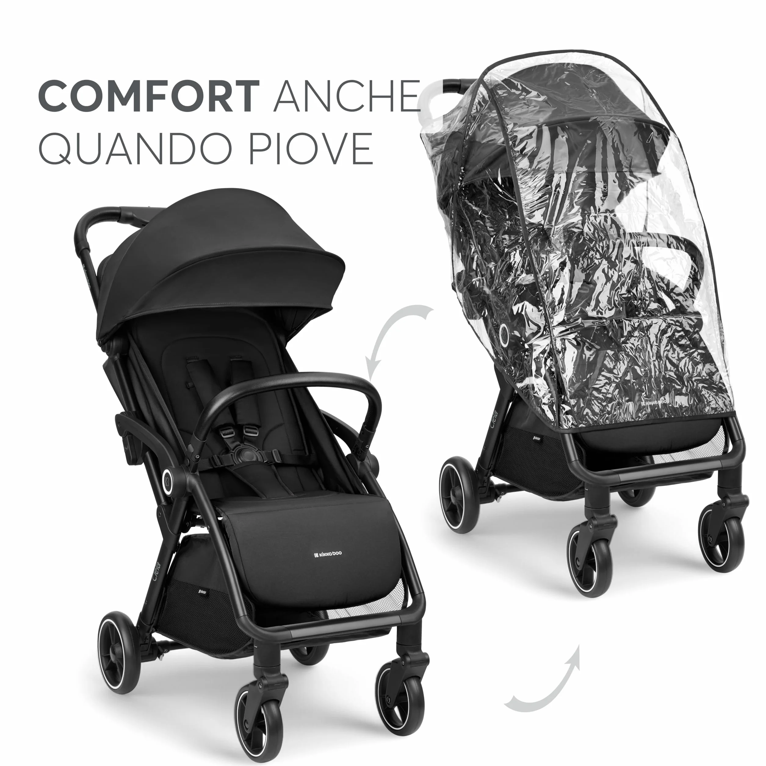 KikkaBoo Passeggino Leggero CIELA fino a 22 kg, Piegatura Automatica, Schienale Reclinabile, Nero