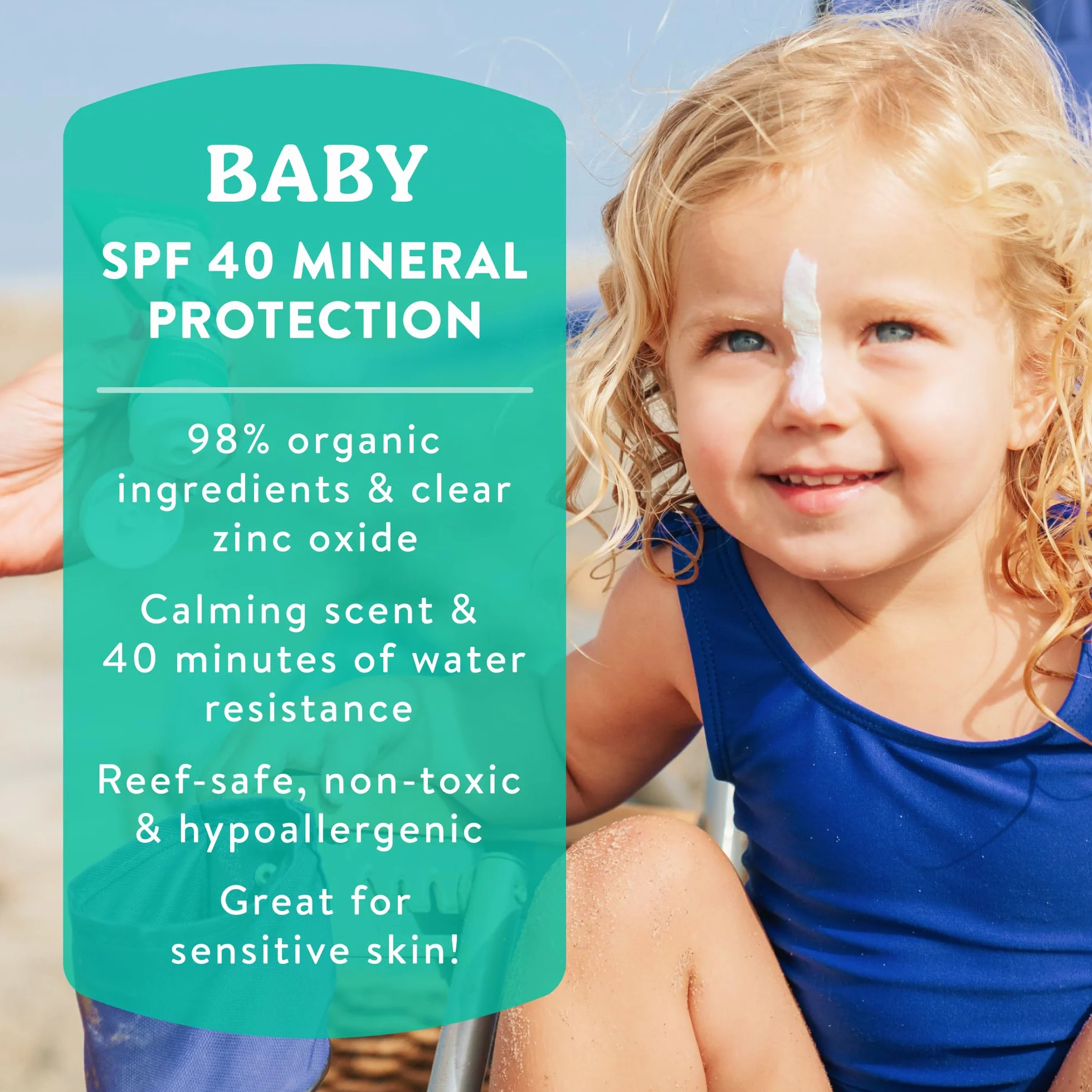 Badger SPF 40 Baby Sunscreen Cream - Reef-Friendly Broad-Spectrum Water-Resistant Baby Sunscreen with Zinc Oxide - Chamomile and Calendula, 2,9 oz