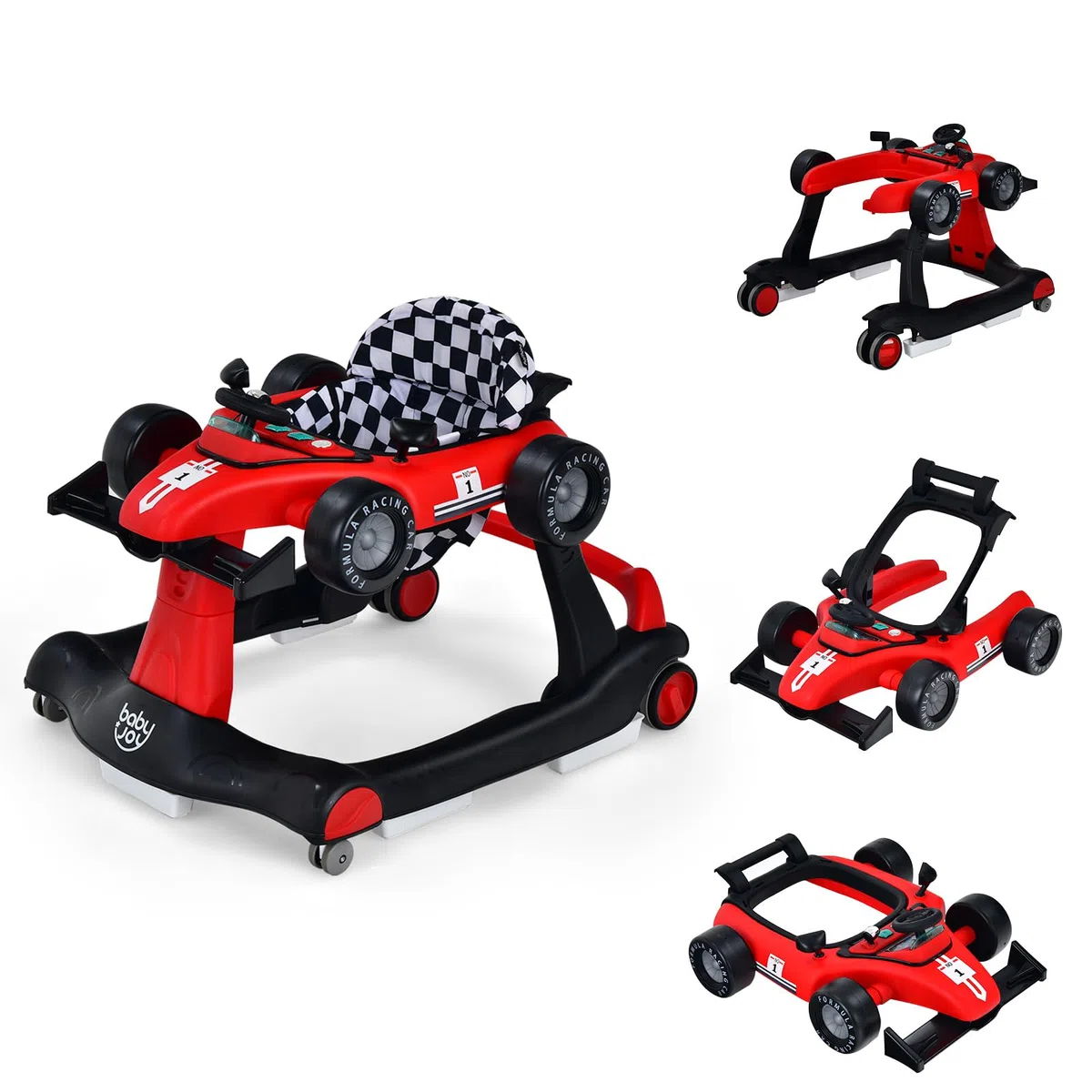 FANTASK Baby Walker - Girello a forma di auto 4 in 1, con scatola musicale, luce e ruote, carrello pieghevole con altezza e velocità regolabili, per bambini dai 6 mesi, portata 12 kg, colore rosso