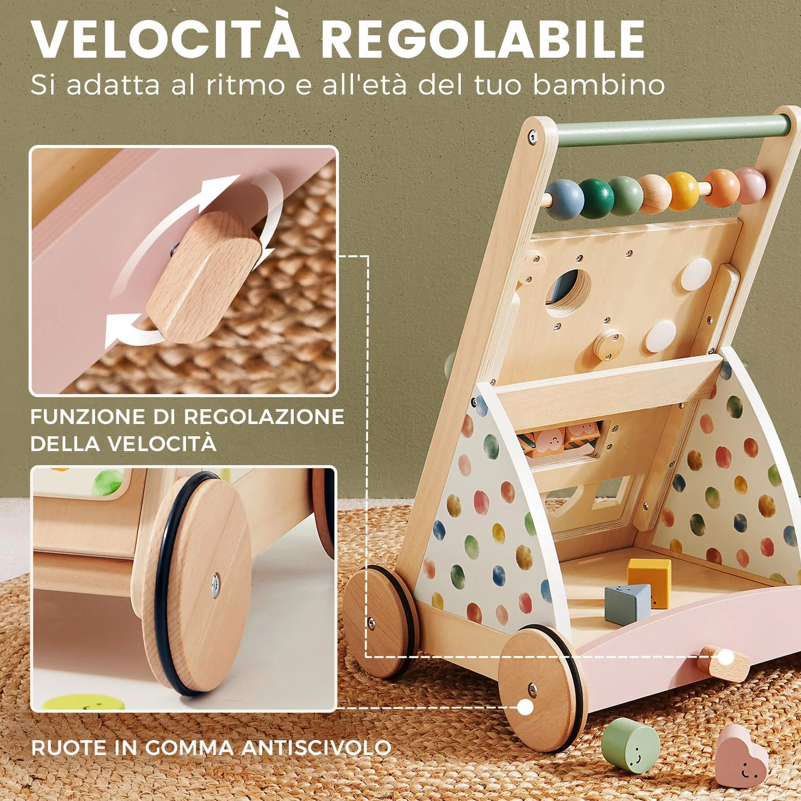 Tiny Land girello in legno, Set Baby Walker, ausilio per imparare a camminare con velocità regolabile per bambini e bambine, ausilio per camminare e centro attività per bambini