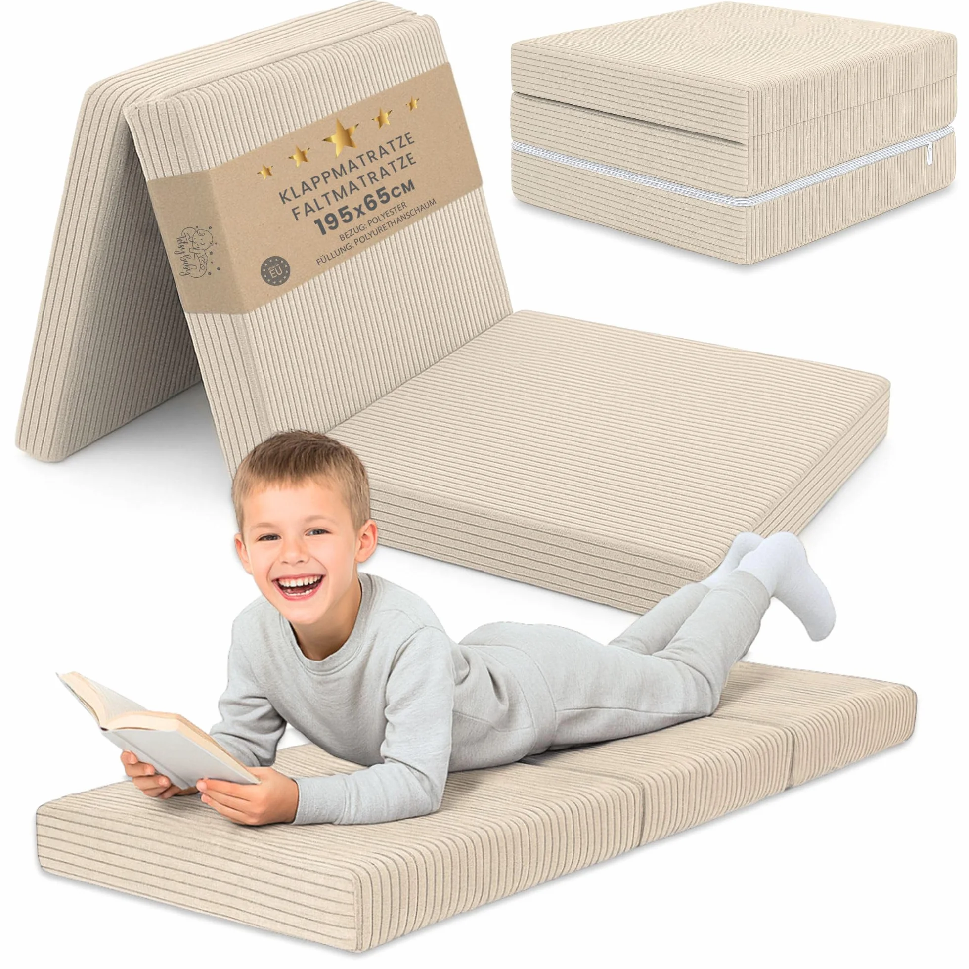 Materasso Pieghevole Bambini - 65x195 cm Brandina Ospiti Materassino da Pavimento Cameretta Materasso da Viaggio Compatto Leggero Rivestimento Sfoderabile Lavabile Oeko-Tex 65 x 195 Beige