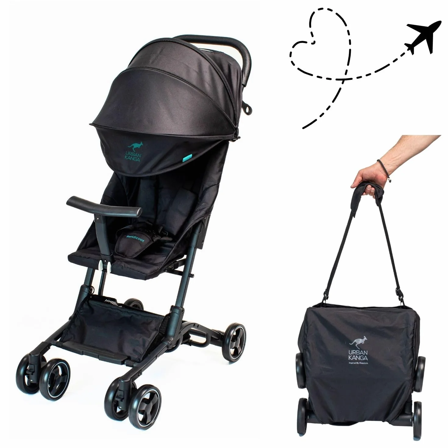 Urban Kanga Bandicoot Passeggino da Viaggio Ultraleggero Pieghevole Compatto fino a 22 kg con Tracolla Copertura Protettiva Midnight Black