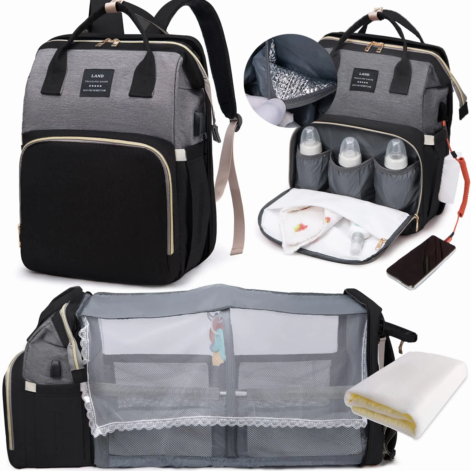 Zaino Fasciatoio Mamma Multifunzione Grande con Lettino e Borsa Isolante