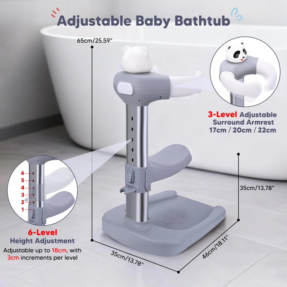 Vasca da bagno per bambini con supporto doccia, anti-schiacciamento, antiscivolo, torre doccia regolabile per bambini in piedi, supporto doccia ideale per neonati