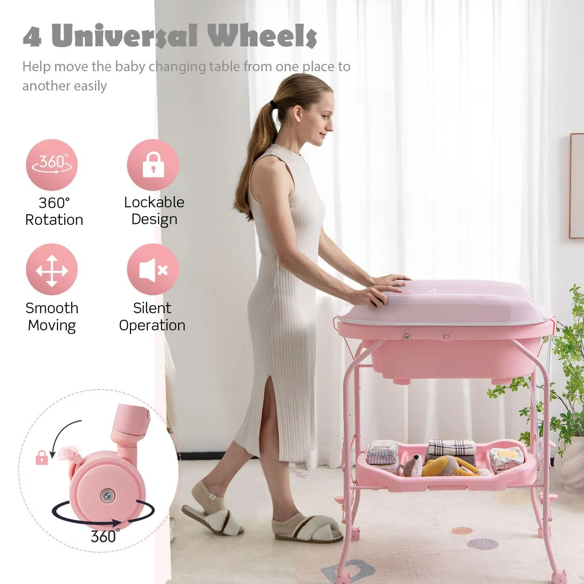 LIFEZEAL Vaschetta Bagnetto Neonato, 0-12 Mesi, con Fasciatoio, Vaschetta Bagnetto Neonato Pieghevole, con Materassino Fasciatoio, Ripiano Portaoggetti e Ruote, Portata 35 kg (rosa)