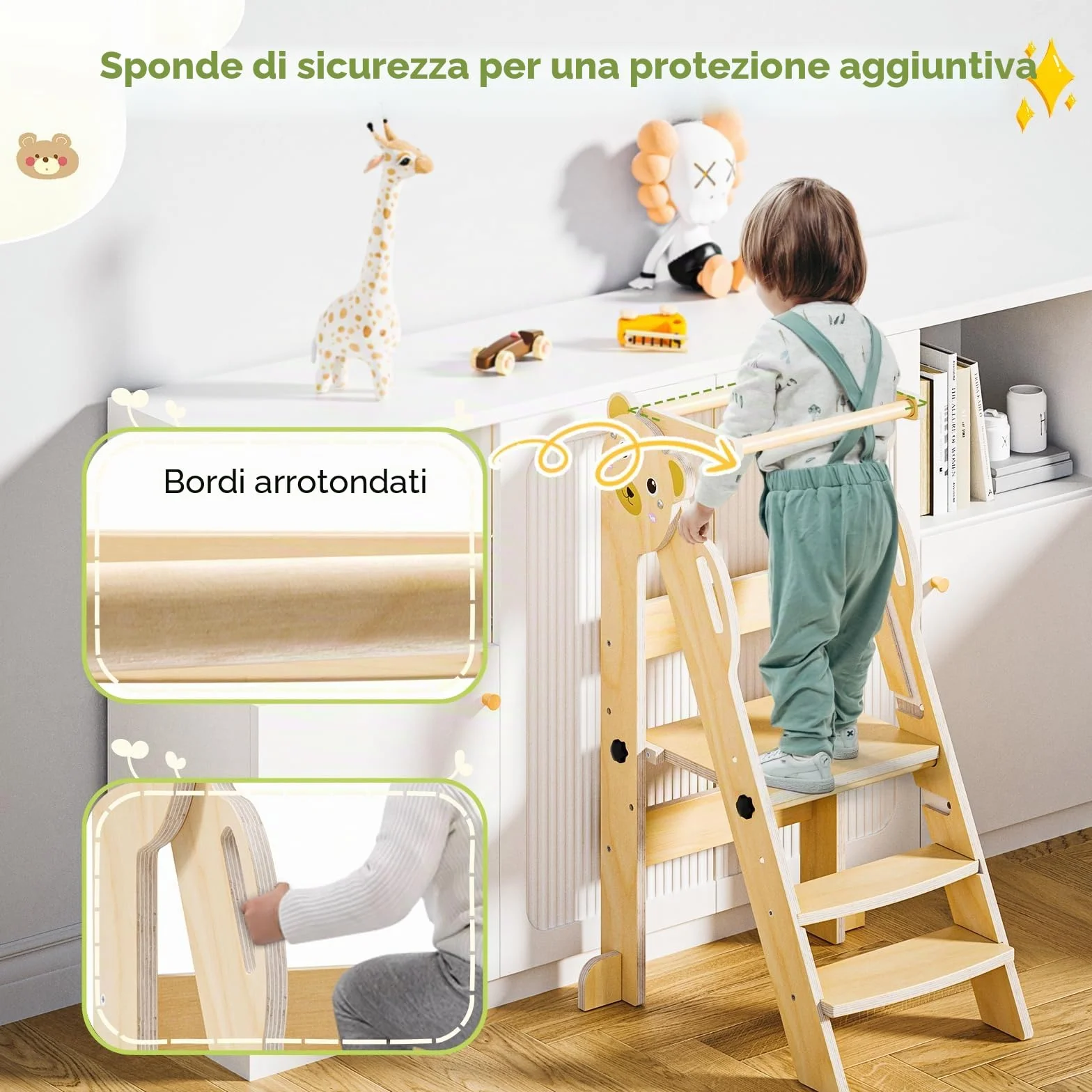 Torre montessoriana pieghevole per bambini, Montessori Learning Tower regolabile in altezza, legno naturale