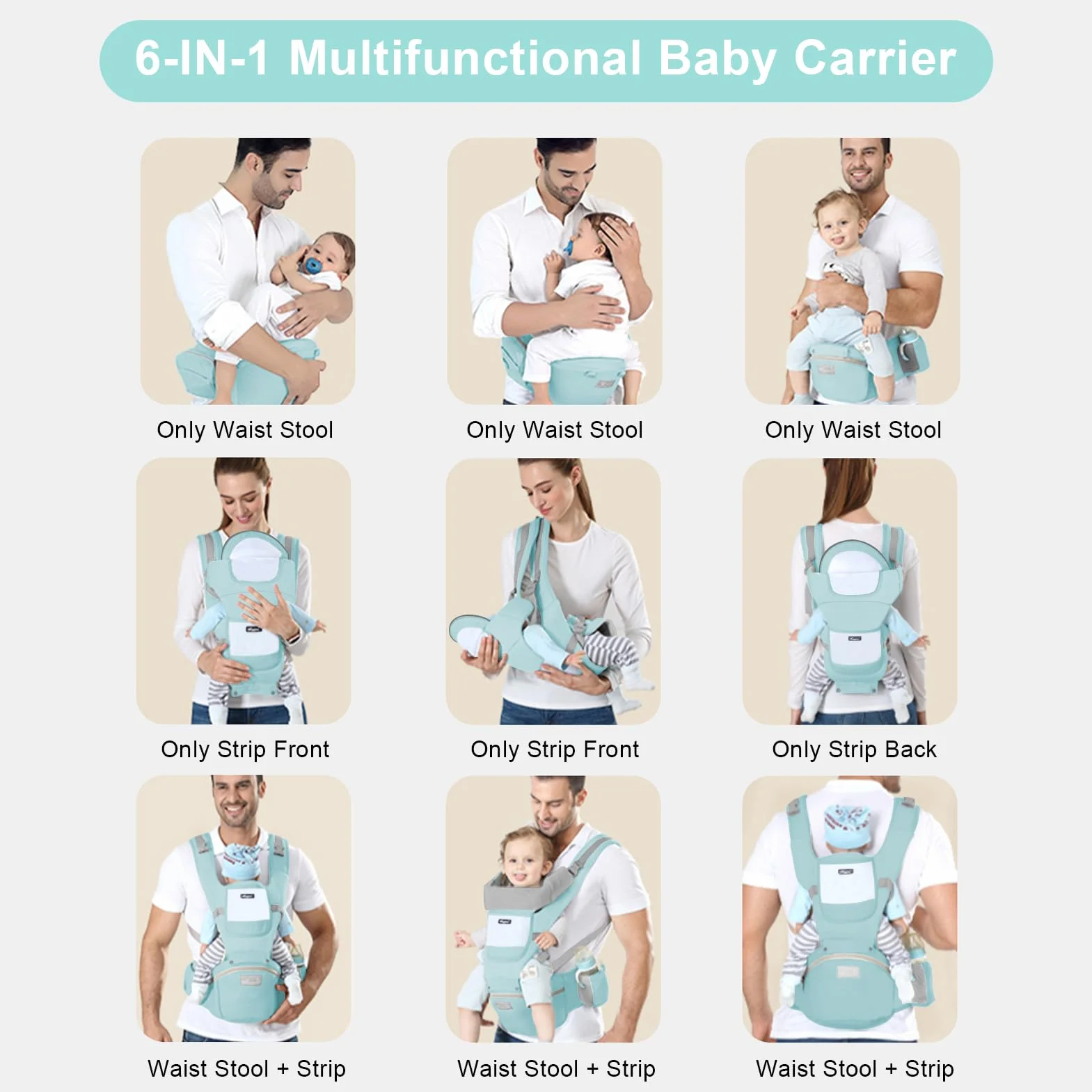 IULONEE Marsupio Neonati con Sedile Multifunzione Zaino Ergonomico per Marsupi Trasporto Anteriore e Posteriore Regolabile per Neonato da 3 Mesi a 3 Anni (3-20kg) Verde