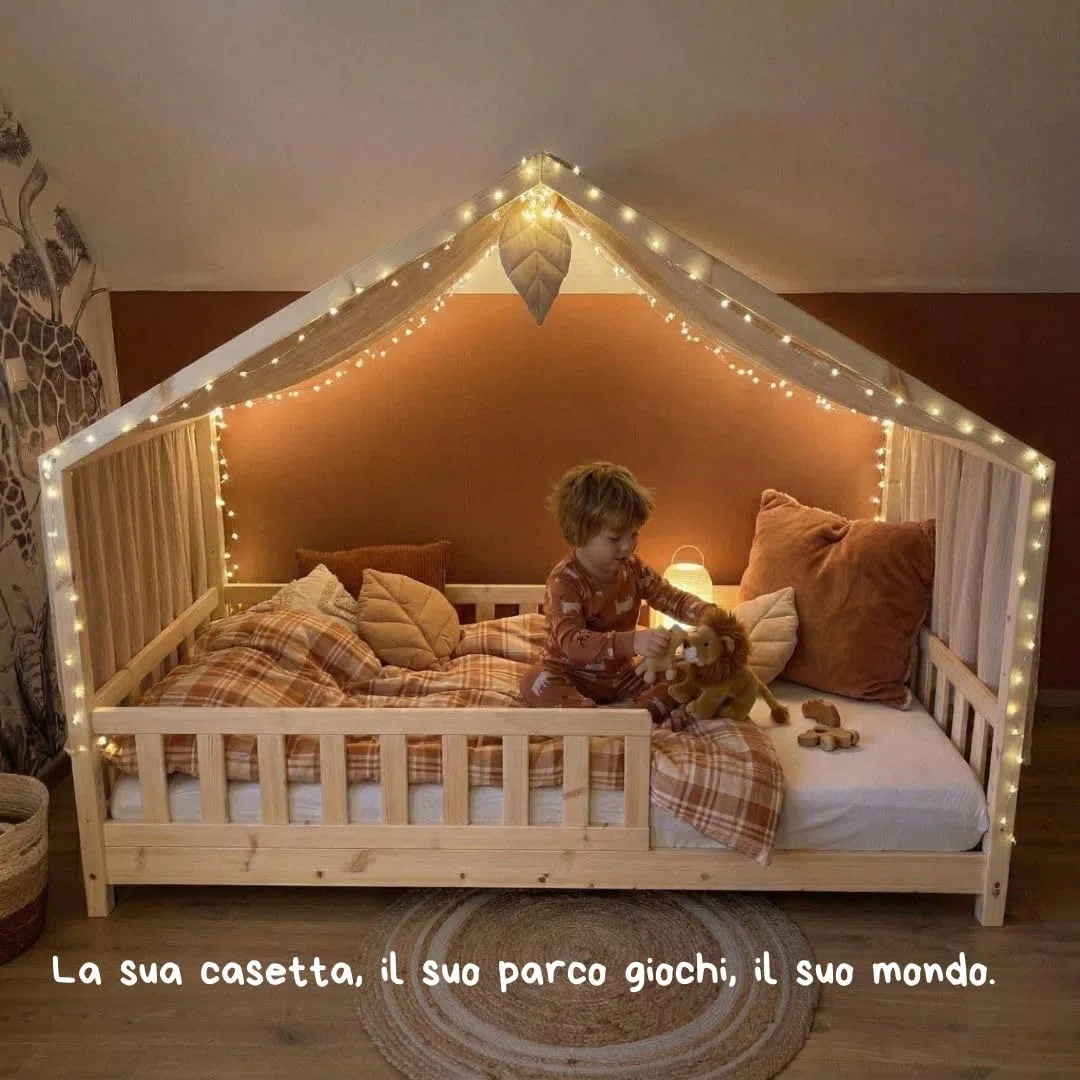Tenda Letto Bambini Cotone Bio Beige, 100 x 350 cm, Tenda Letto Montessori, Set di decorazioni per la cambretta dei bambini con elementi decorativi e foglia inclusa