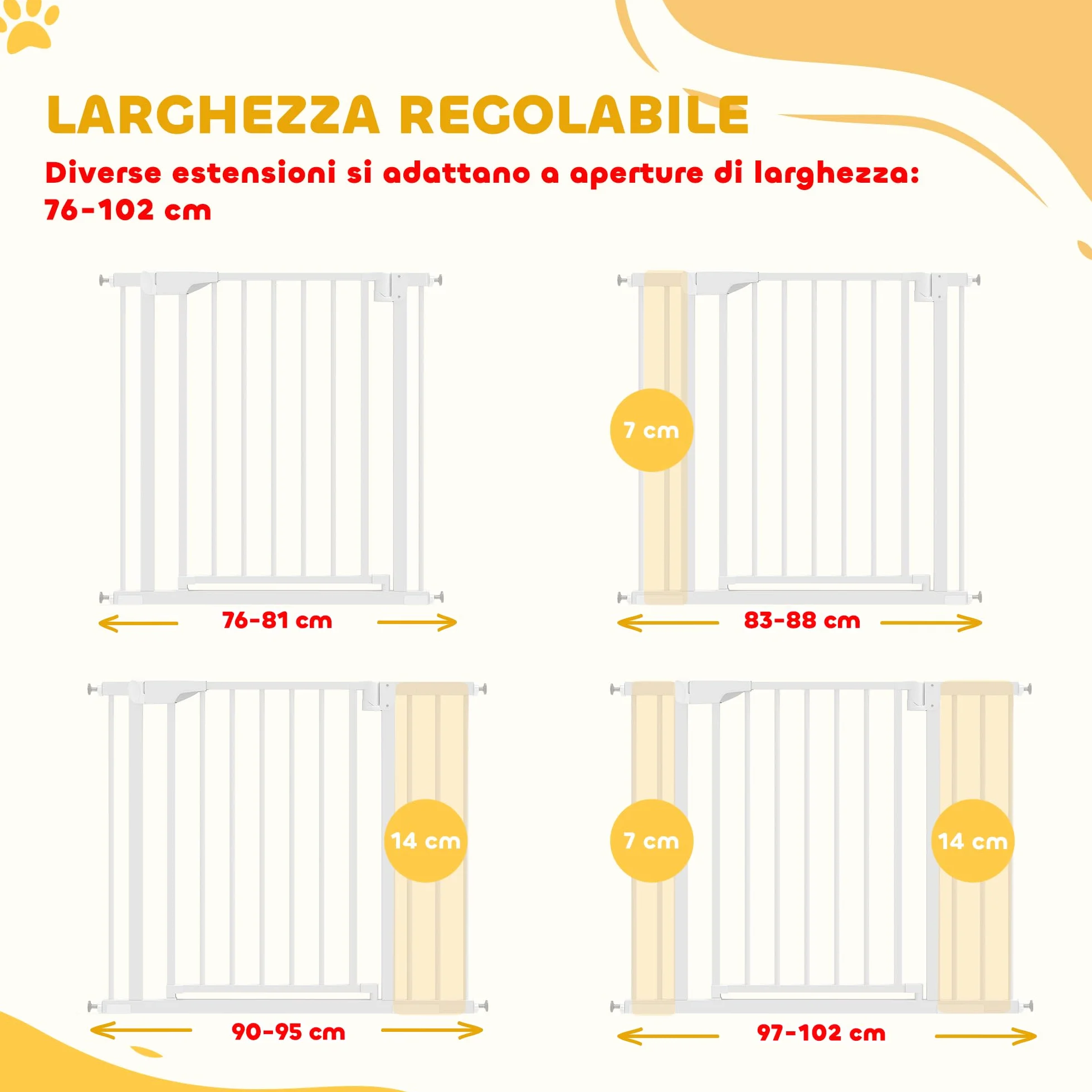 PawHut Cancelletto di Sicurezza per Bambini Cani, Estensibile 76-102 cm, Alto 76 cm, Cancellino per Cani, Scale Porte, Chiusura Automatica, Fissaggio a Pressione Senza Fori, Apertura a Due Vie, Bianco