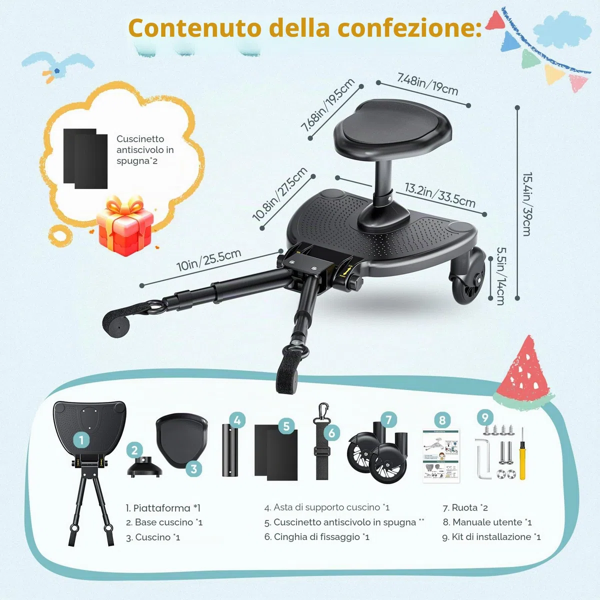 Pedana Passeggino Universale, Tavola per Bambini con Sedile più Ampio e Confortevole e Zone di Poggiapiedi più Ampie, Compatibile con il 99% Delle Carrozzine, Portata 25 kg