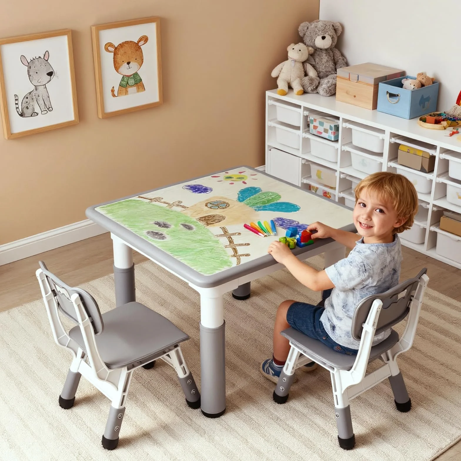 MAMIZO Tavolo Bambini con 2 Sedie Regolabile in Altezza Plastica Grigio Quadrato 60x60 cm