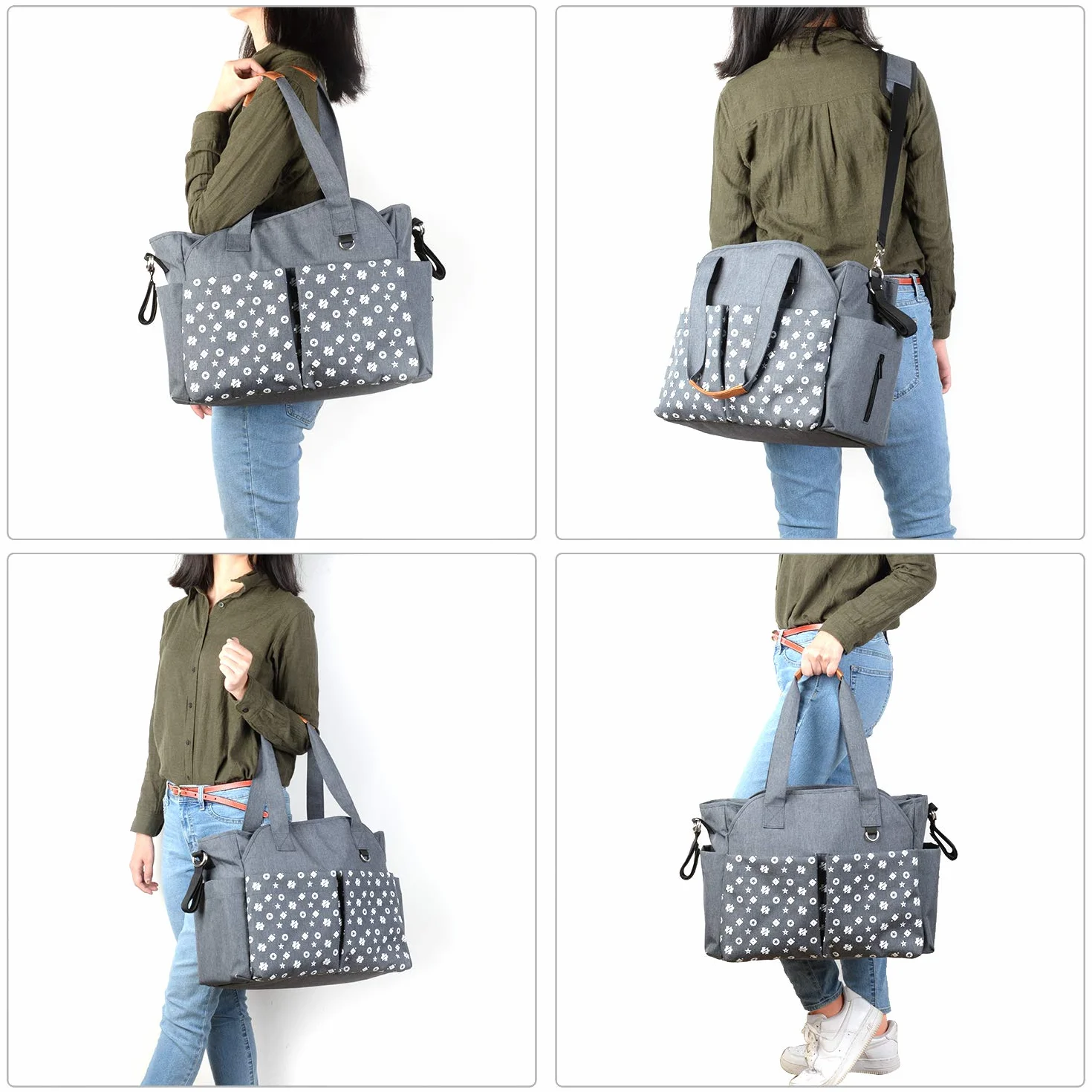 Homlynn Borsa a tracolla per cambio pannolino, borsa messenger da viaggio con cinghie per carrozzina, 12 tasche, grigio classico