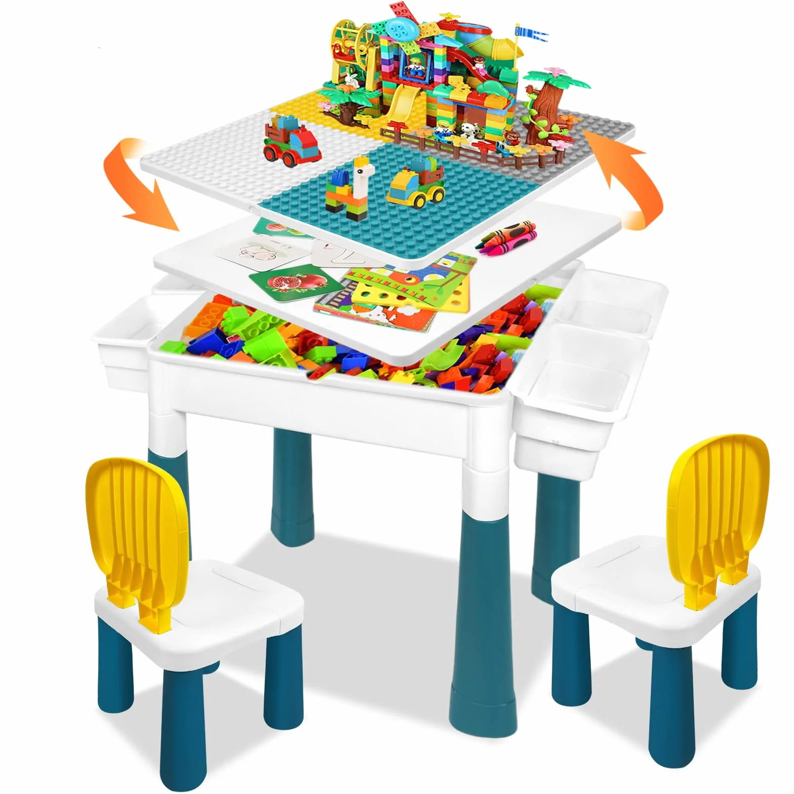 Tavolo per bambini 6 in 1 con 2 sedie e 163 mattoncini da costruzione, tavolo da attività multifunzione