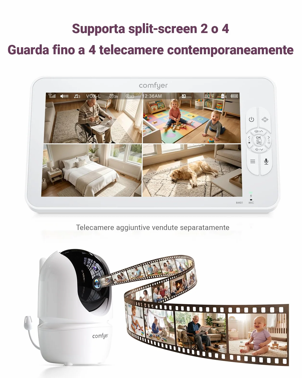 Comfyer BM01 Baby Monitor Video e Audio con 2x Telecamera, Schermo IPS 7" 720P, 4x Zoom, 6000mAh, Monitoraggio Temp, VOX, Audio Bidirezionale, Visione Notturna